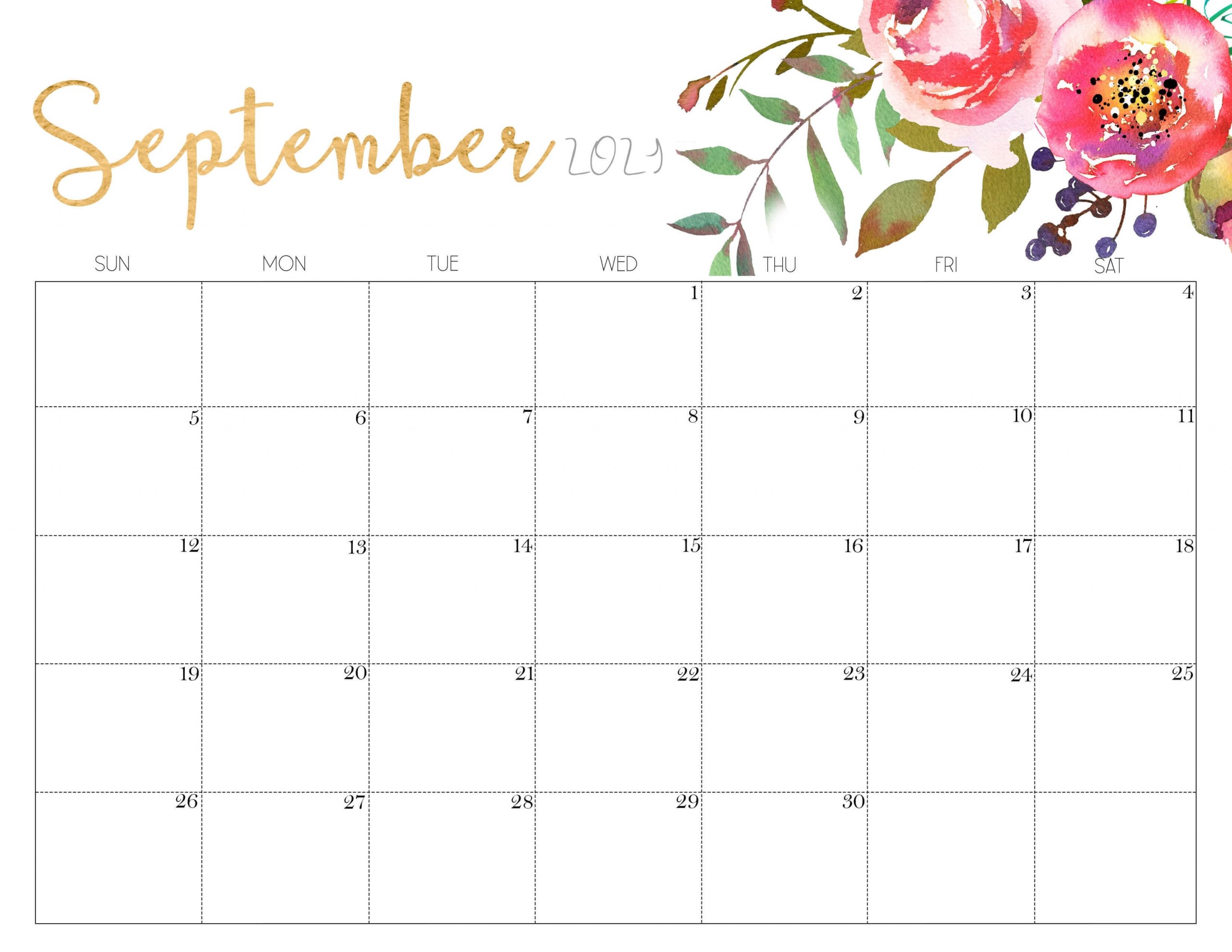 Floral September 2021 Calendar Printable - Cute Designs
