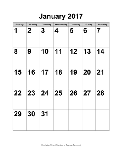 Free 2017 Large-Number Calendar