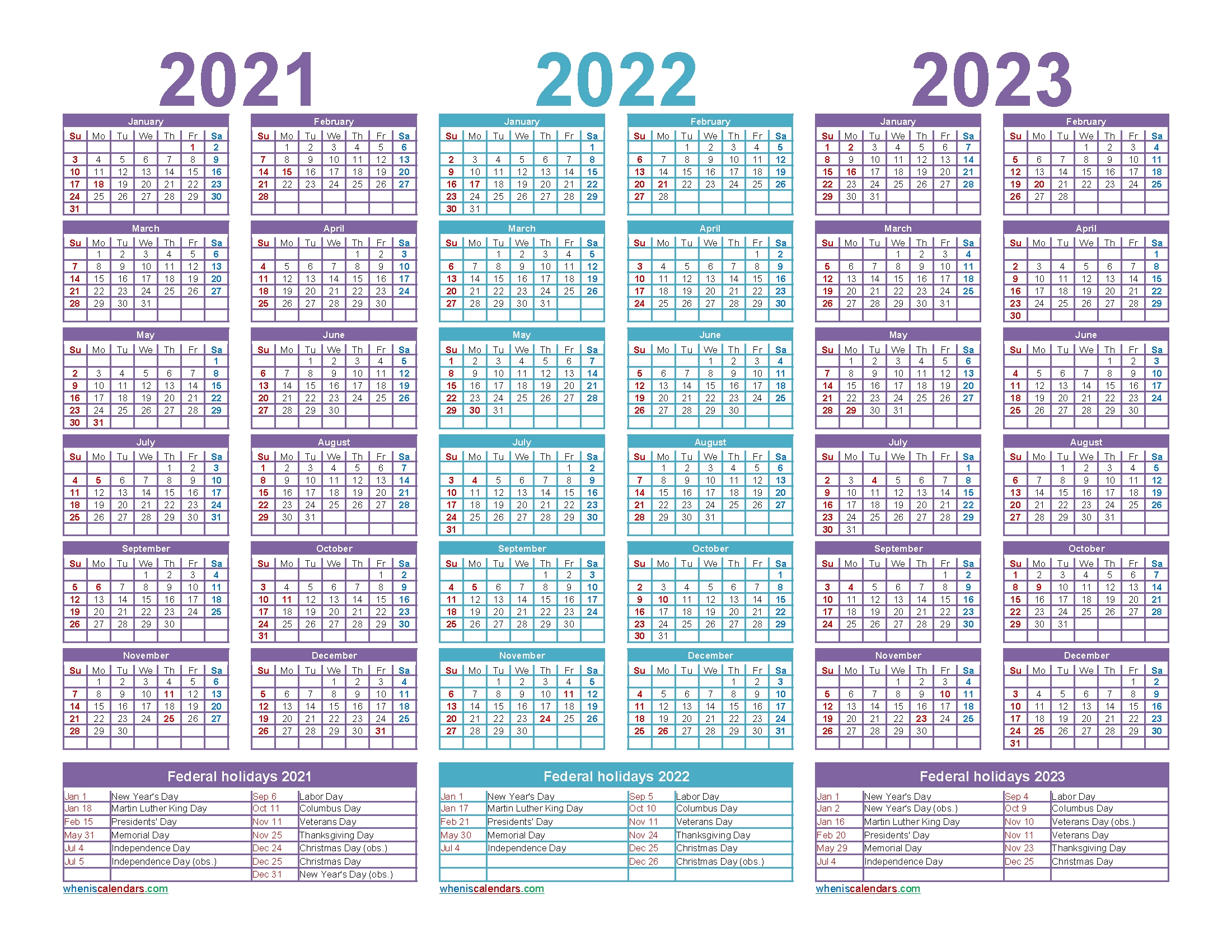 Free 2021 And 2022 And 2023 Calendar With Holidays