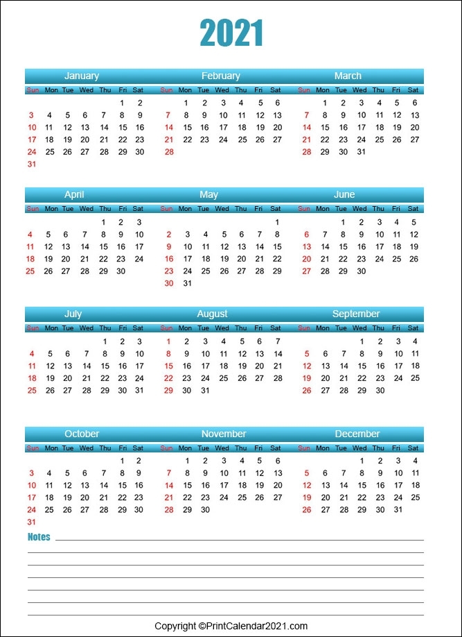 Free 2021 Calendar With Notes
