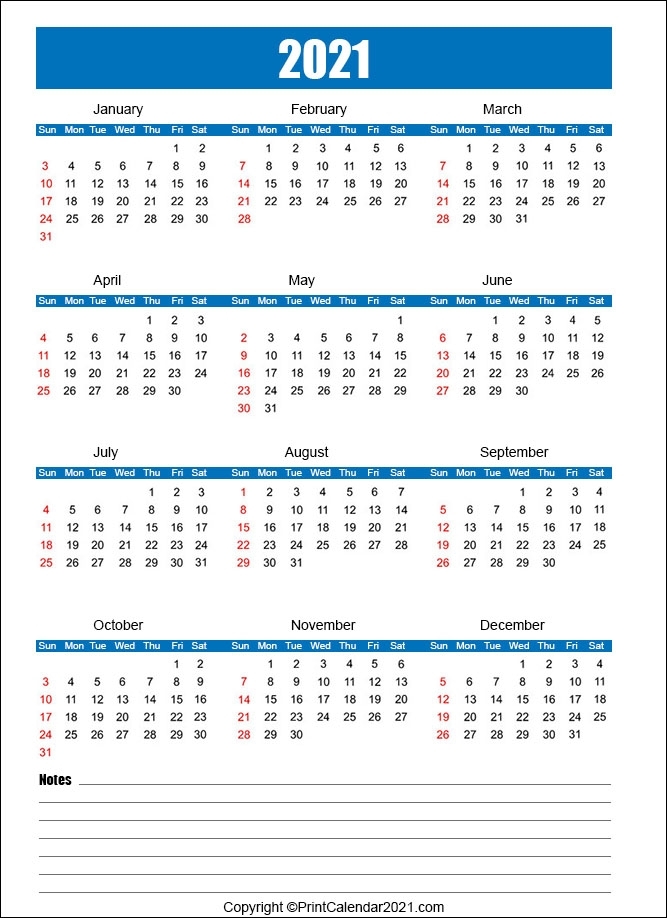 Free 2021 Calendar With Notes