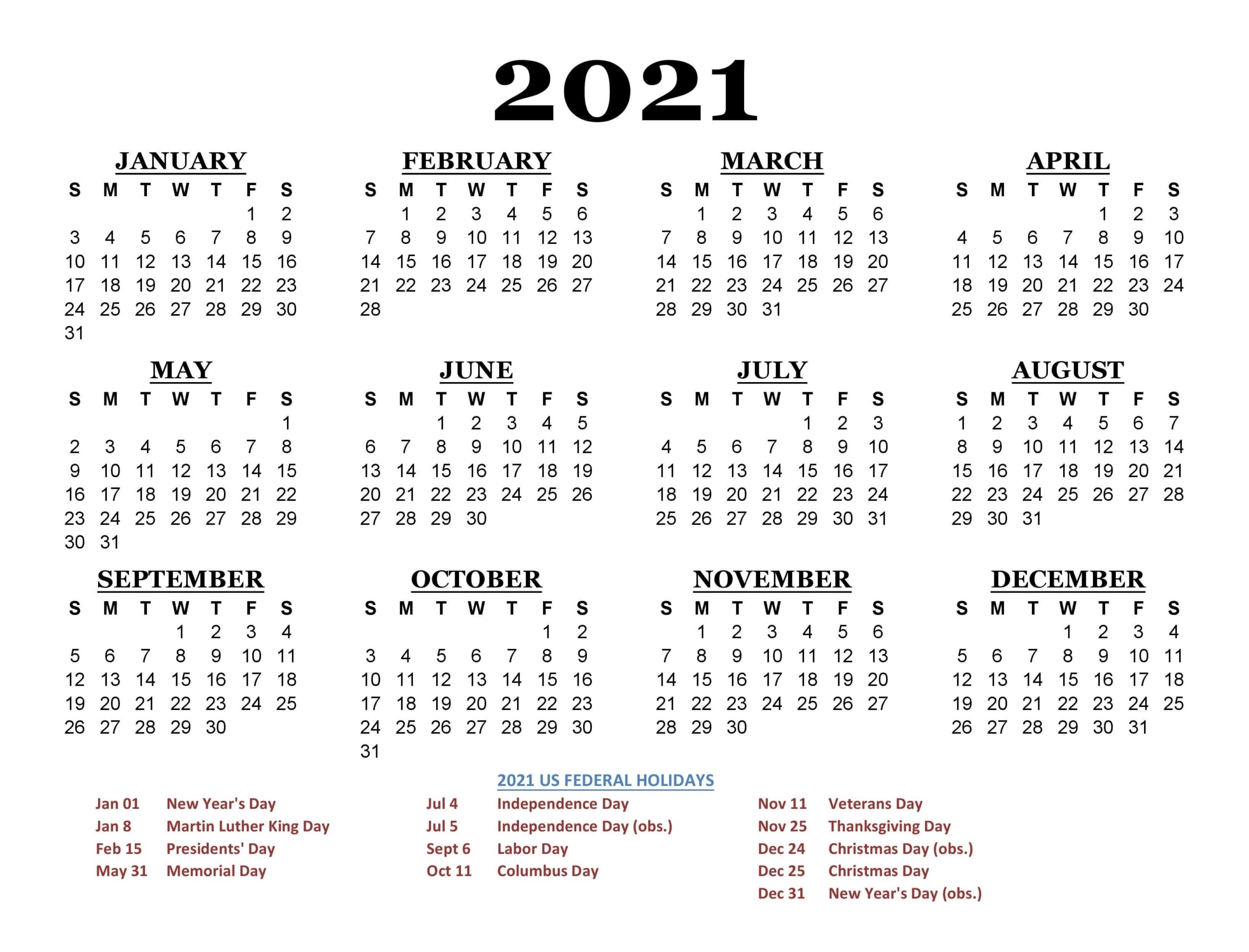 Free 2021 California Printable Calendar With Holidays [Pdf