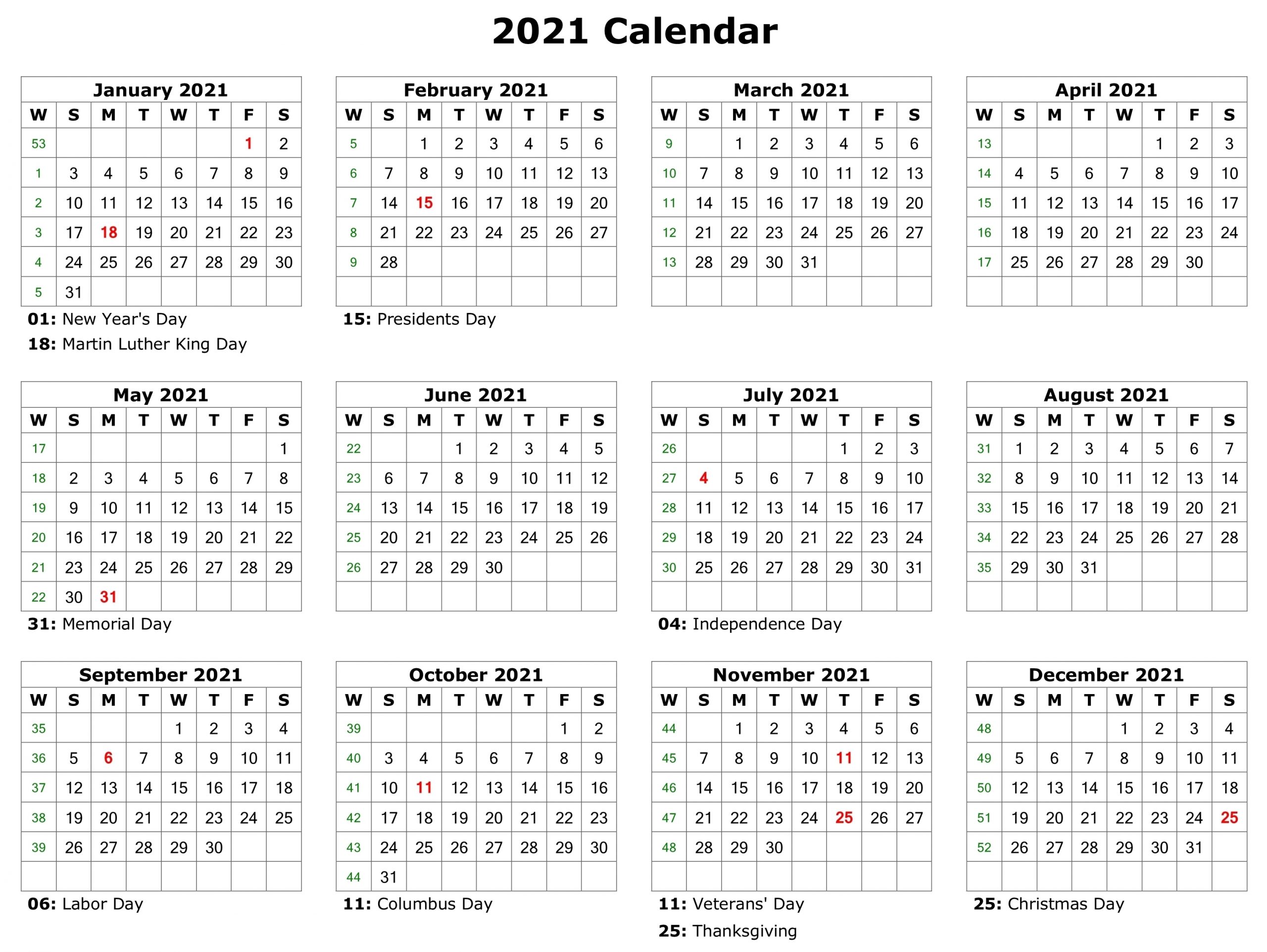 Free 2021 Printable Monthly Calendar With Holidays Word
