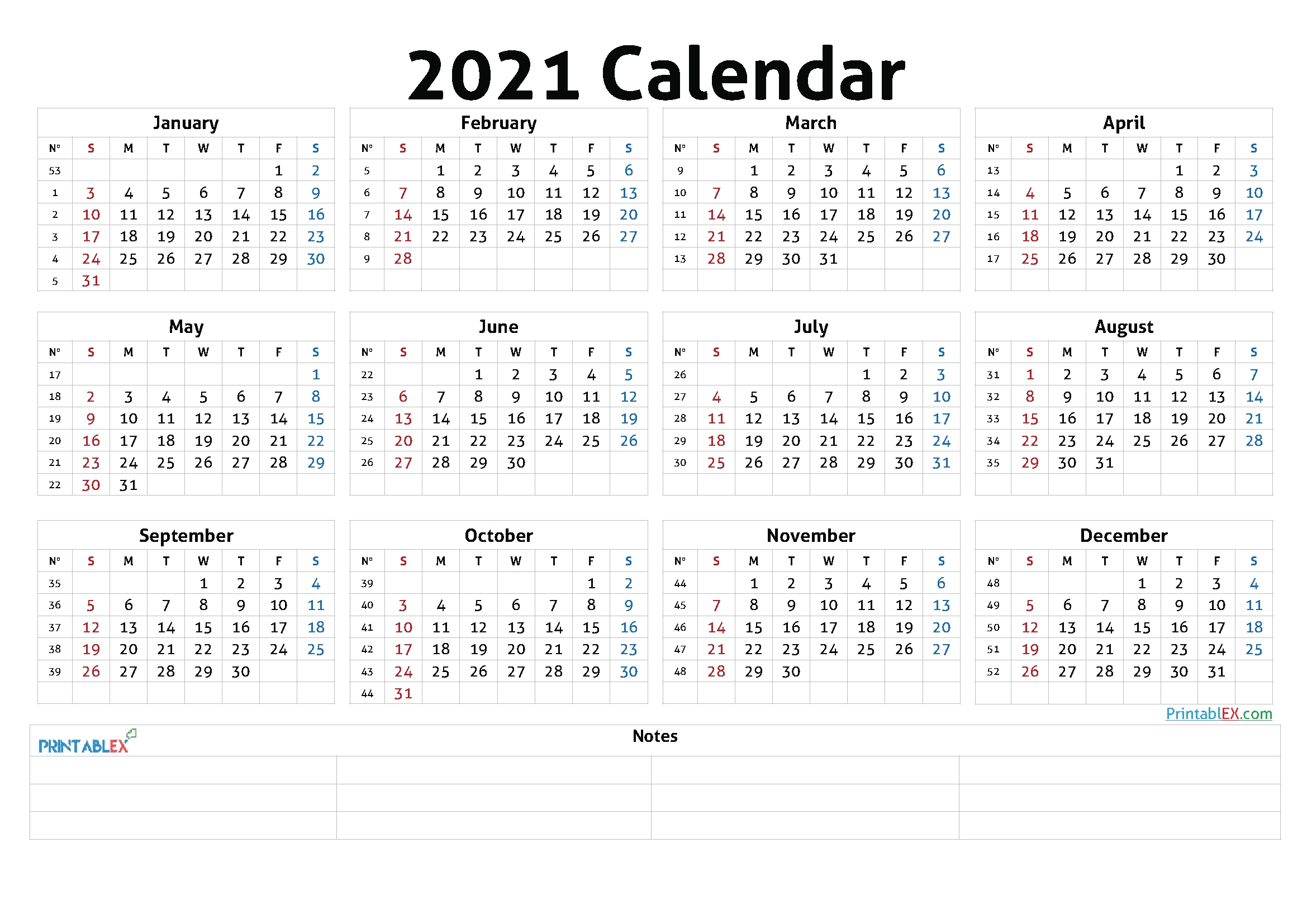 Free 2021 Yearly Calender Template : 2021 Yearly Calendar