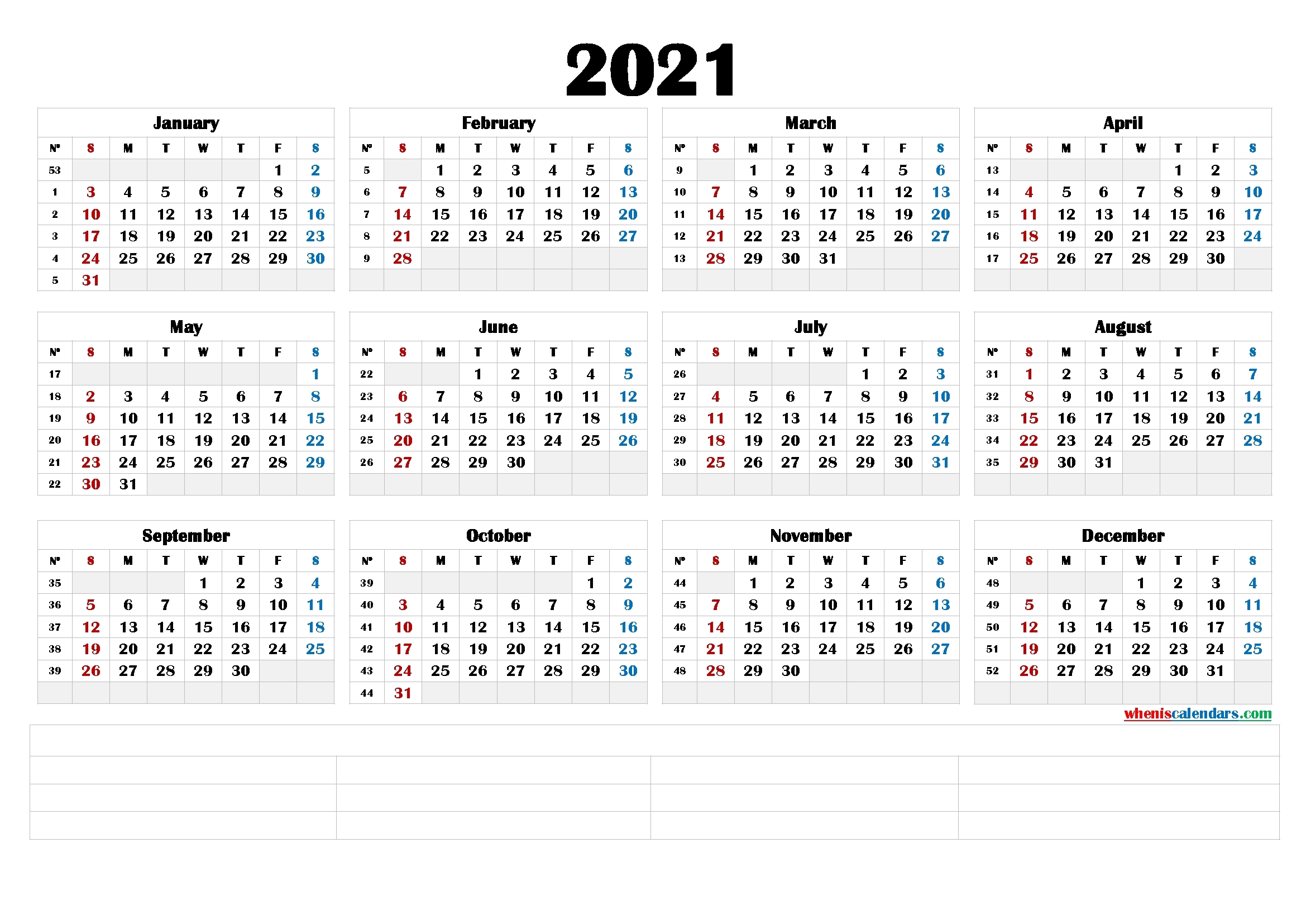 Free 2021 Yearly Calender Template - Free Printable