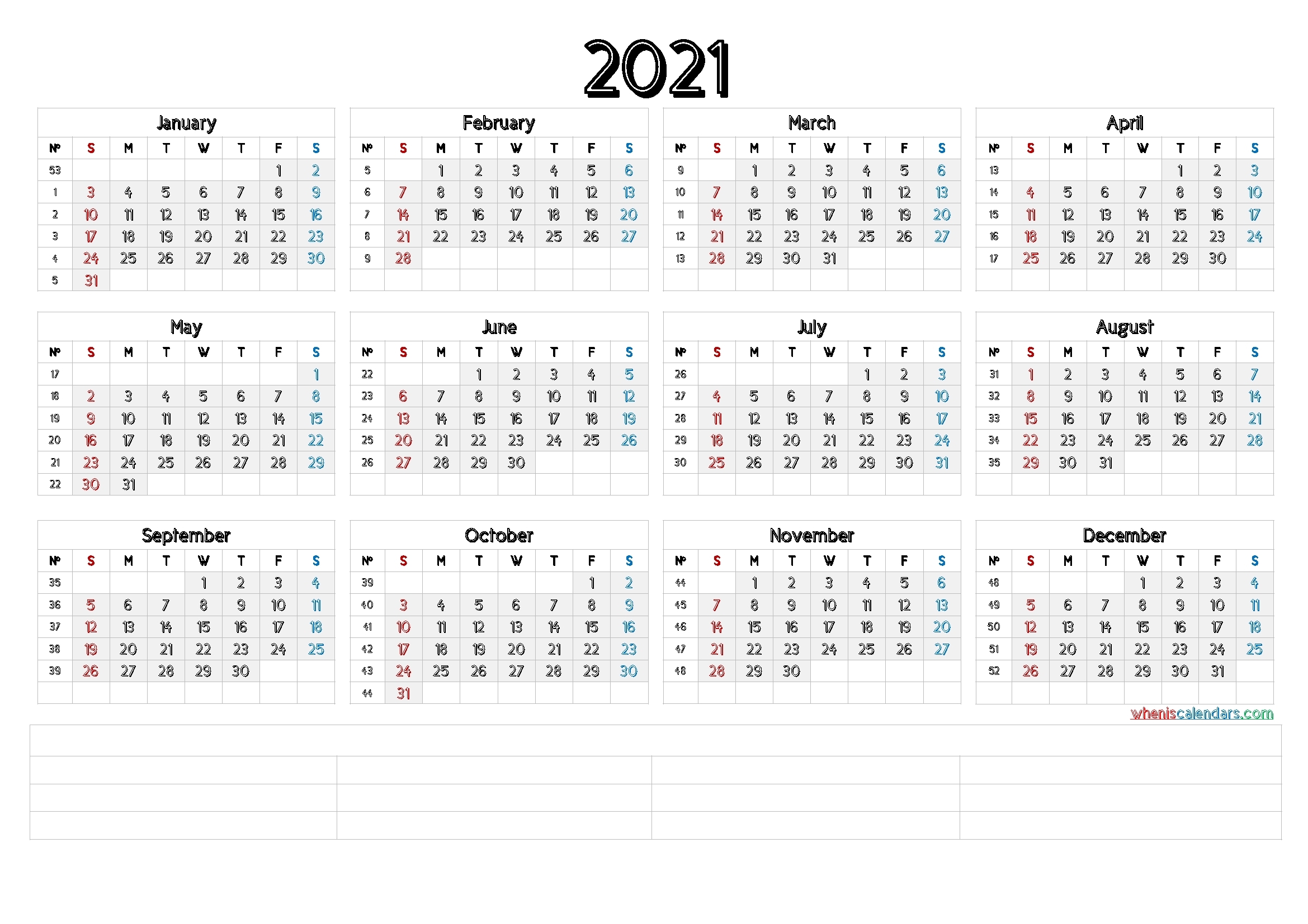 Free 2021 Yearly Calender Template / Free Printable 2021