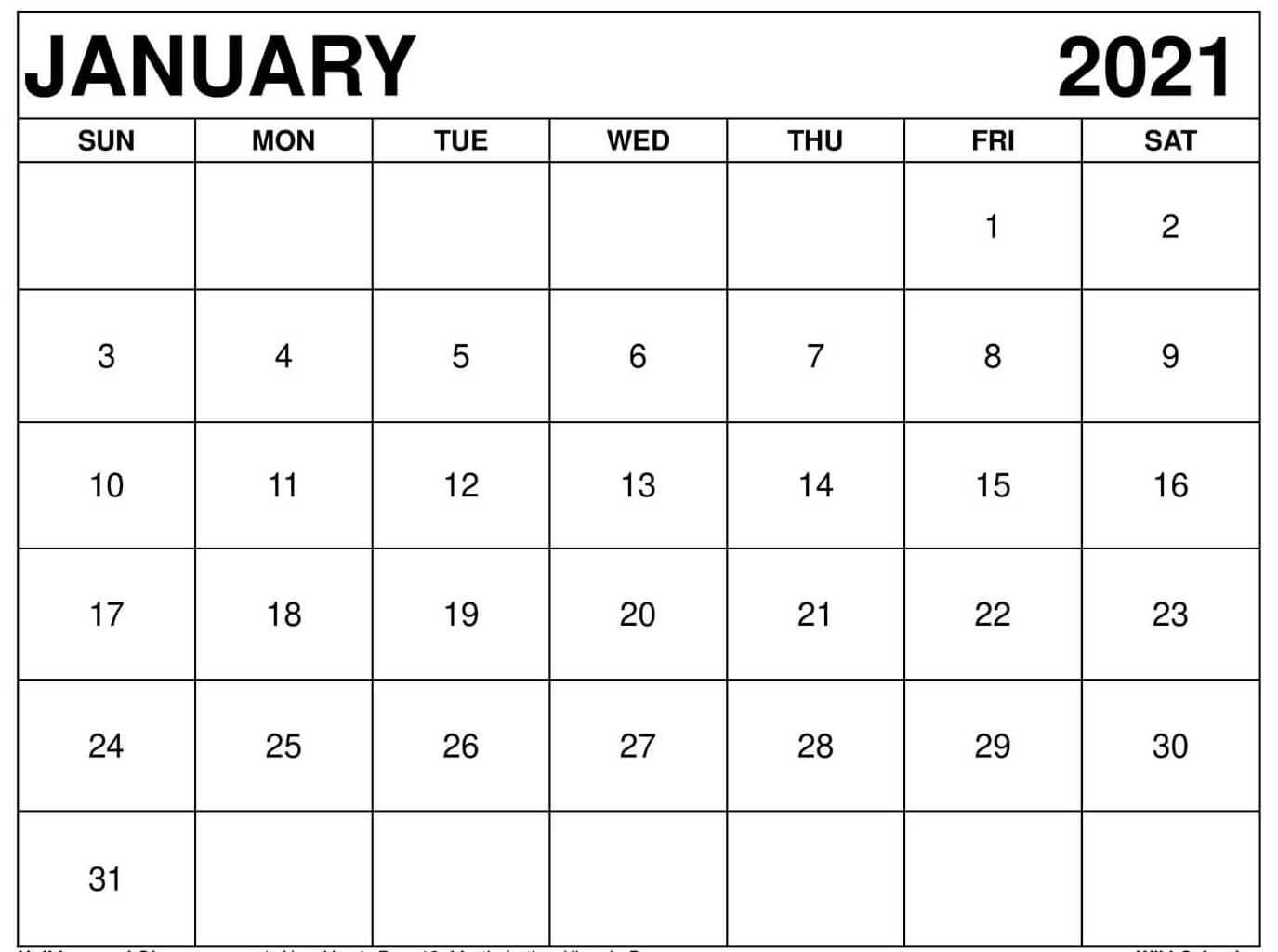 Free Blank Calendar January 2021 Printable Pdf