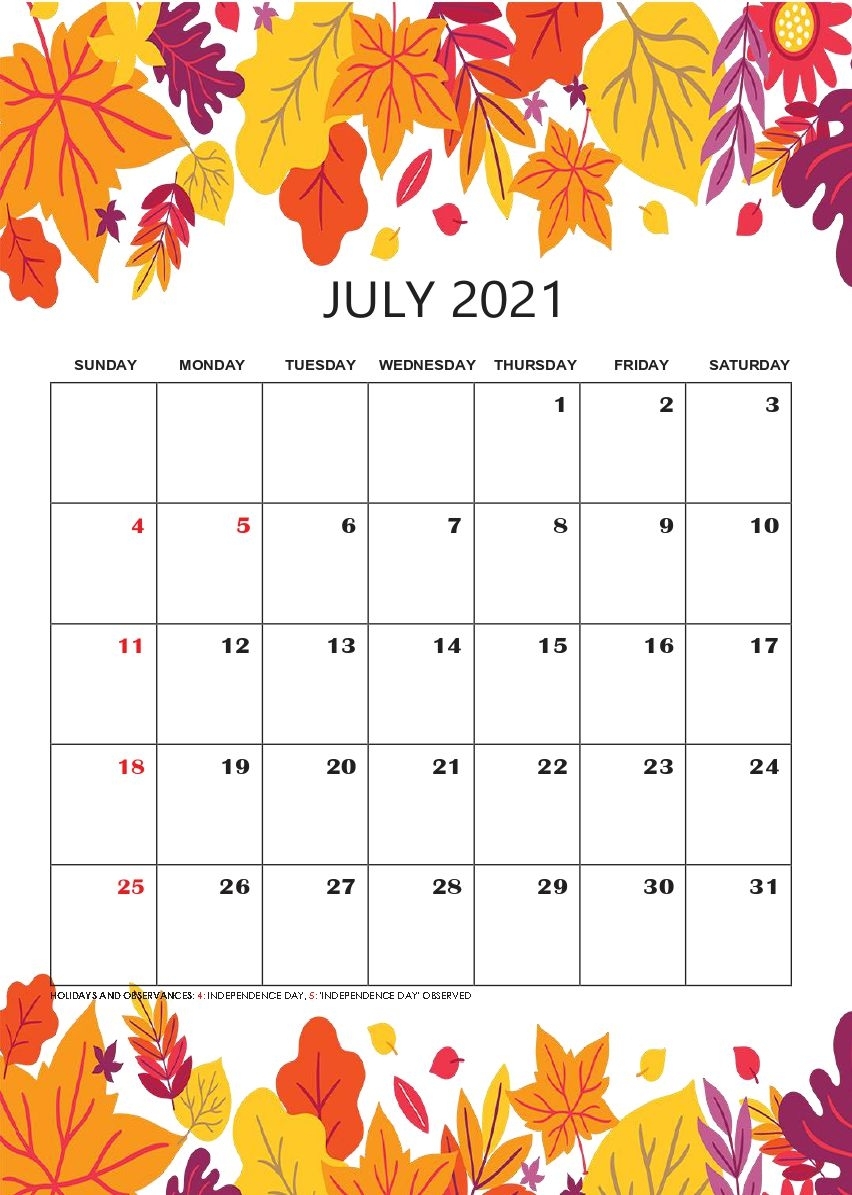 Free Download July 2021 Printable Calendar Templates Pdf