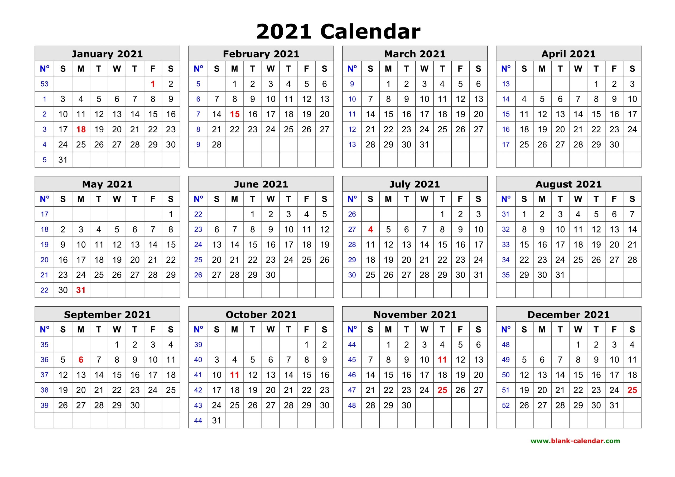 Free Download Printable Calendar 2021 In One Page, Clean