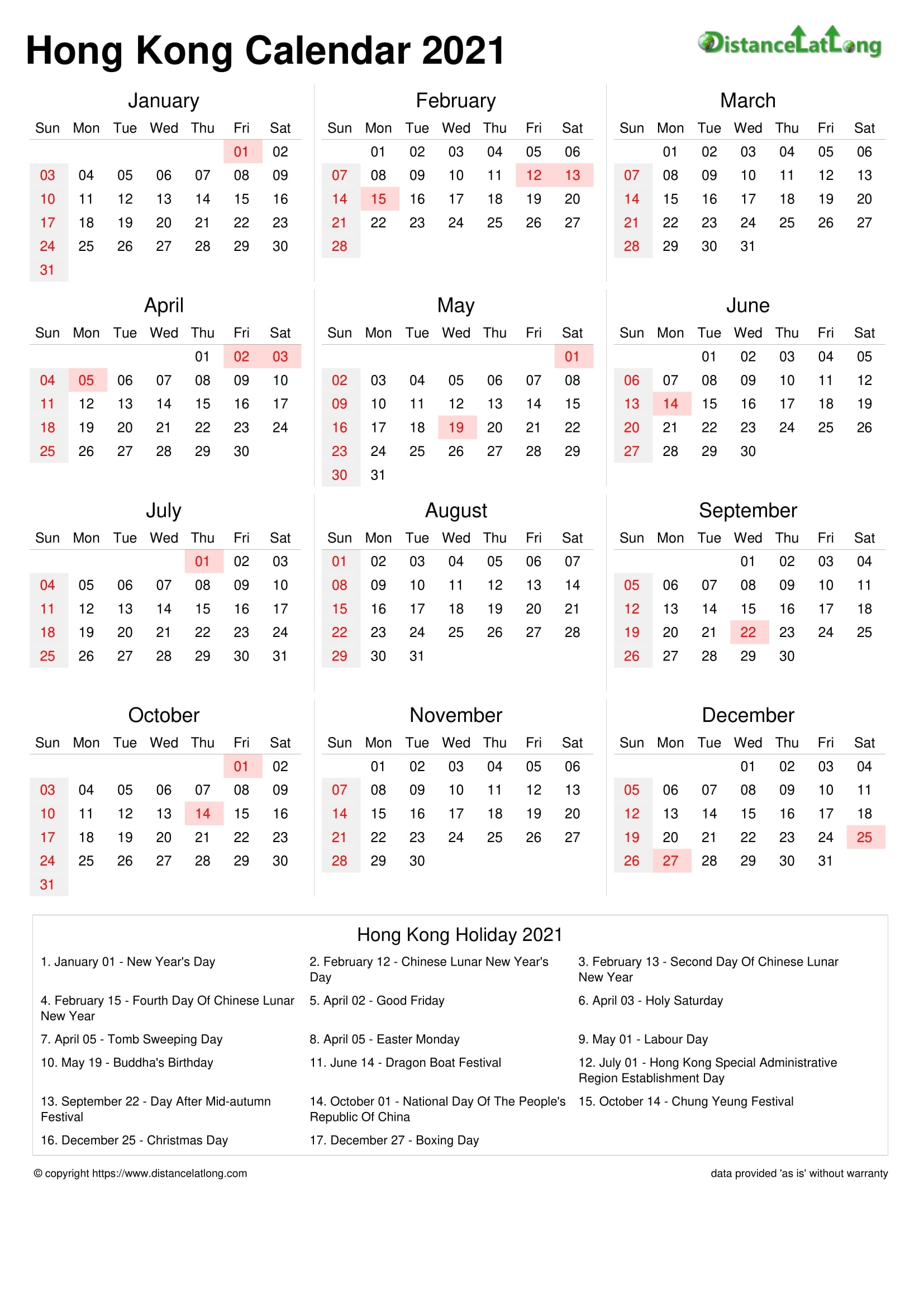 Free Hong Kong National Holiday Printable Calendar