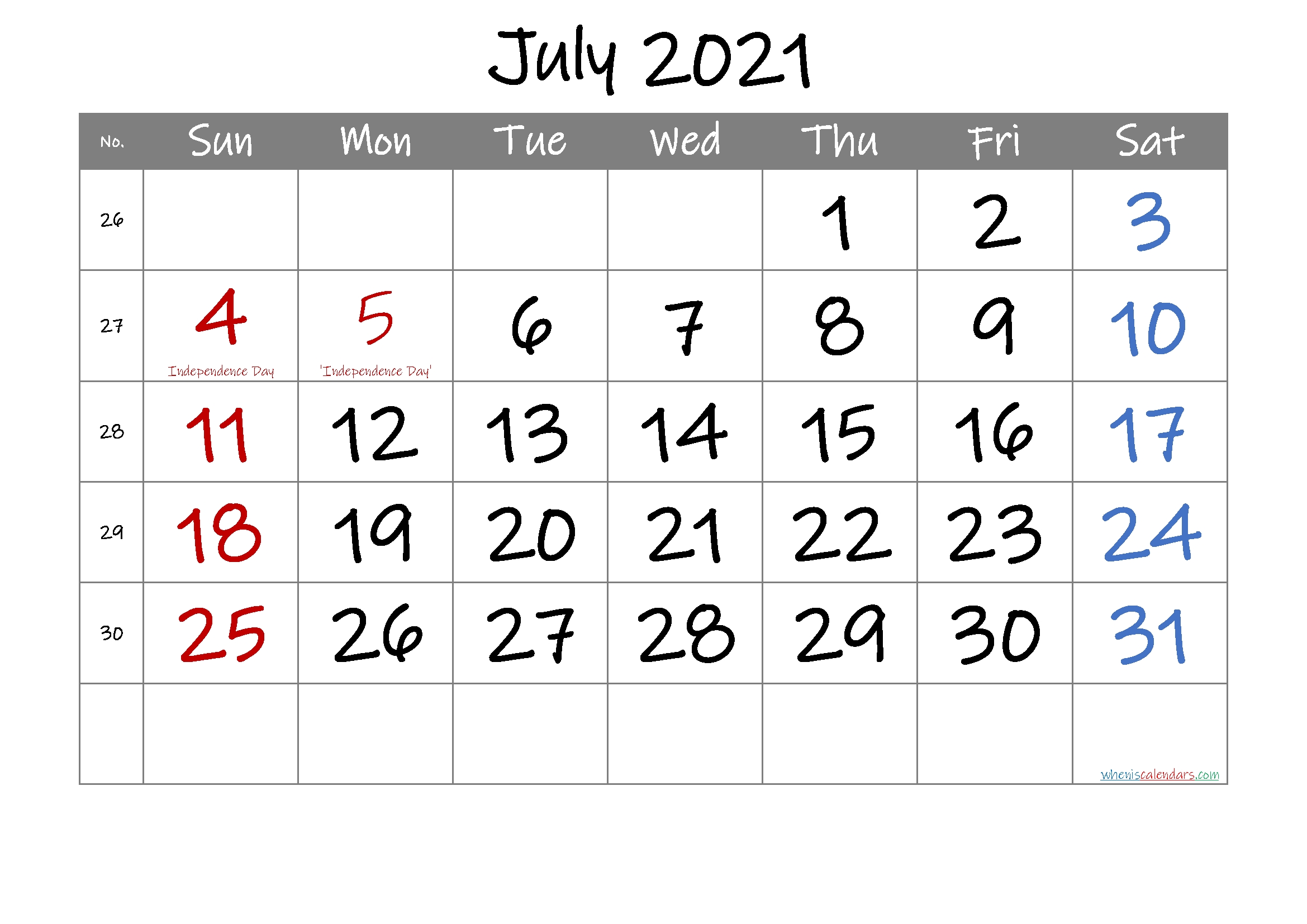 Free July 2021 Printable Calendar With Holidays-Template