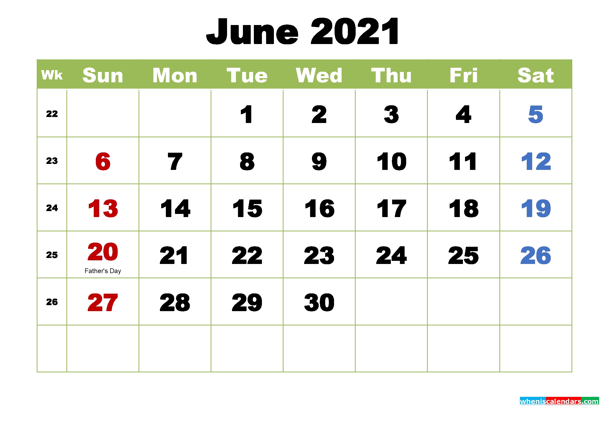 Free June 2021 Printable Calendar With Holidays