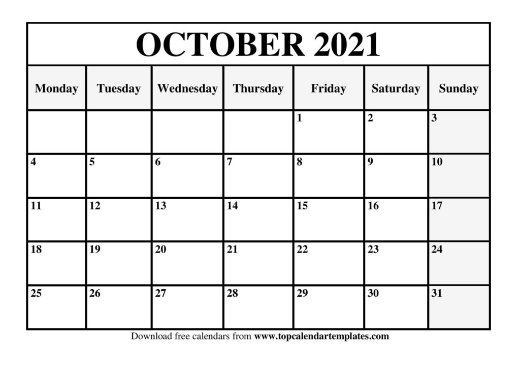 Free October 2021 Calendar Printable - Blank Templates