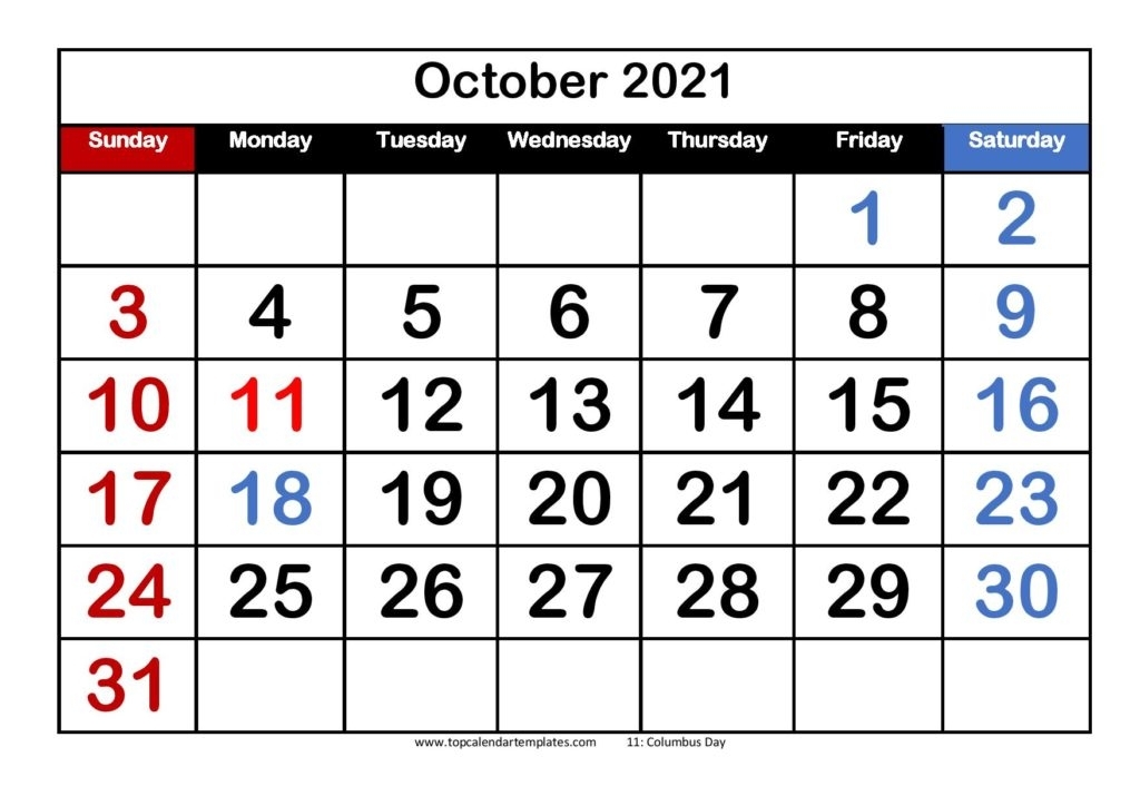 Free October 2021 Calendar Printable (Pdf, Word) Templates