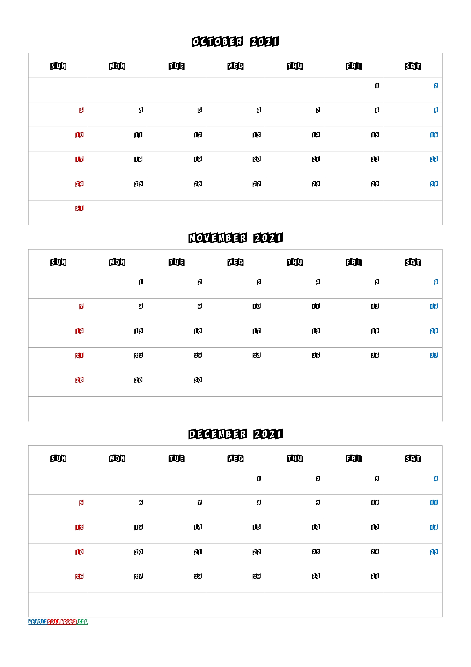 Free October November December 2021 Calendar [Q1-Q2-Q3-Q4]