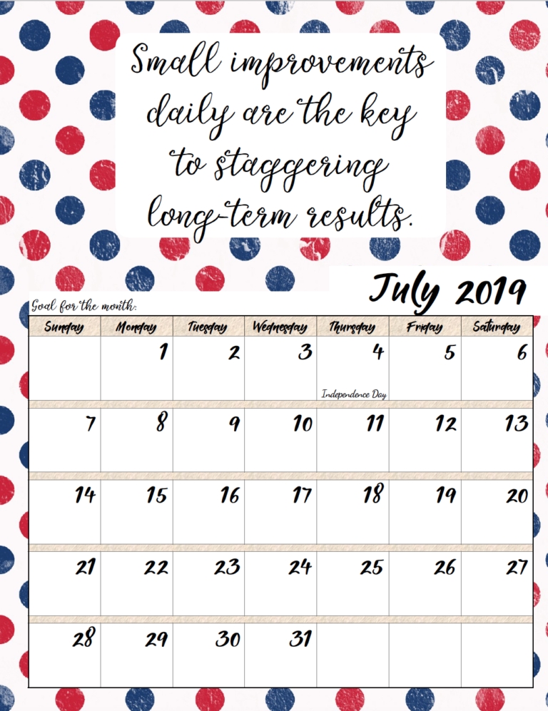 Free Printable 2019 Monthly Motivational Calendars | July