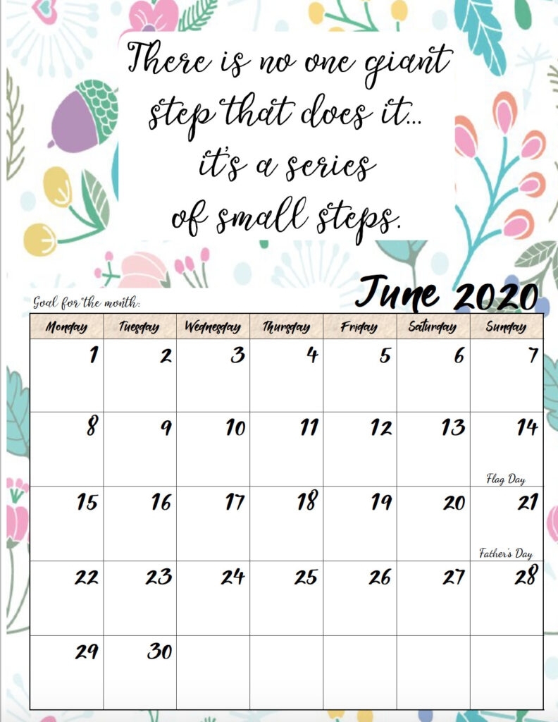 Free Printable 2020 Monday Start Monthly Motivational Calendar