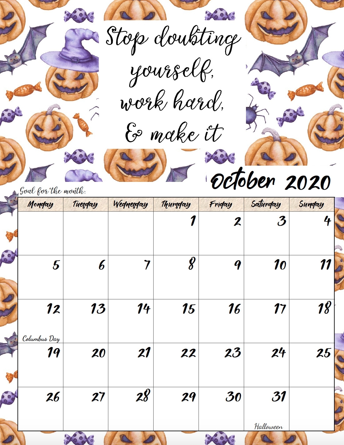 Free Printable 2020 Monday Start Monthly Motivational Calendar