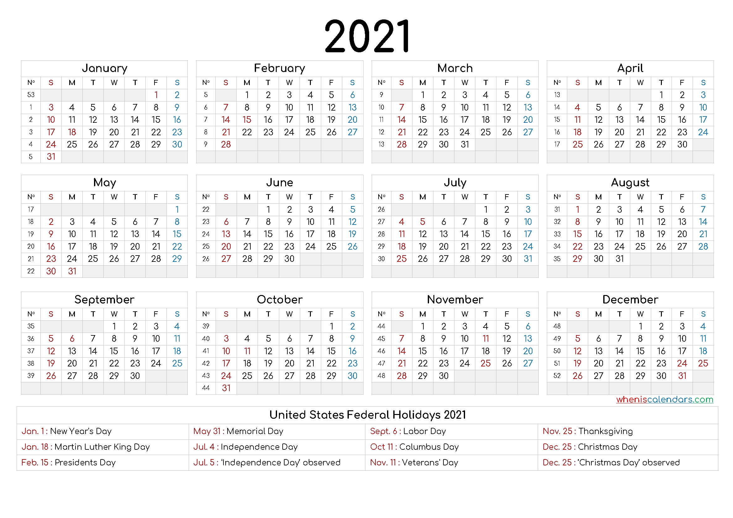 Free Printable 2021 Calendar With Holidays - 6 Templates