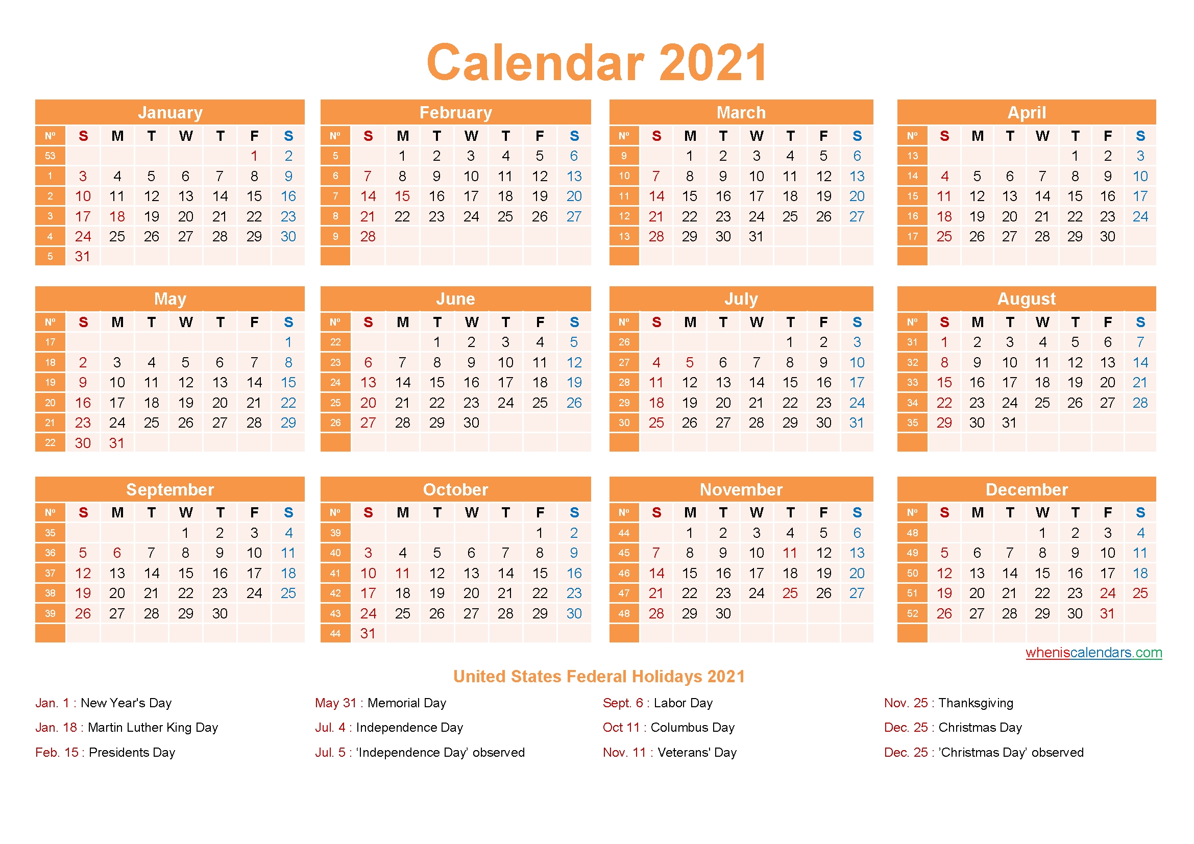 Free Printable 2021 Calendar With Holidays As Word, Pdf