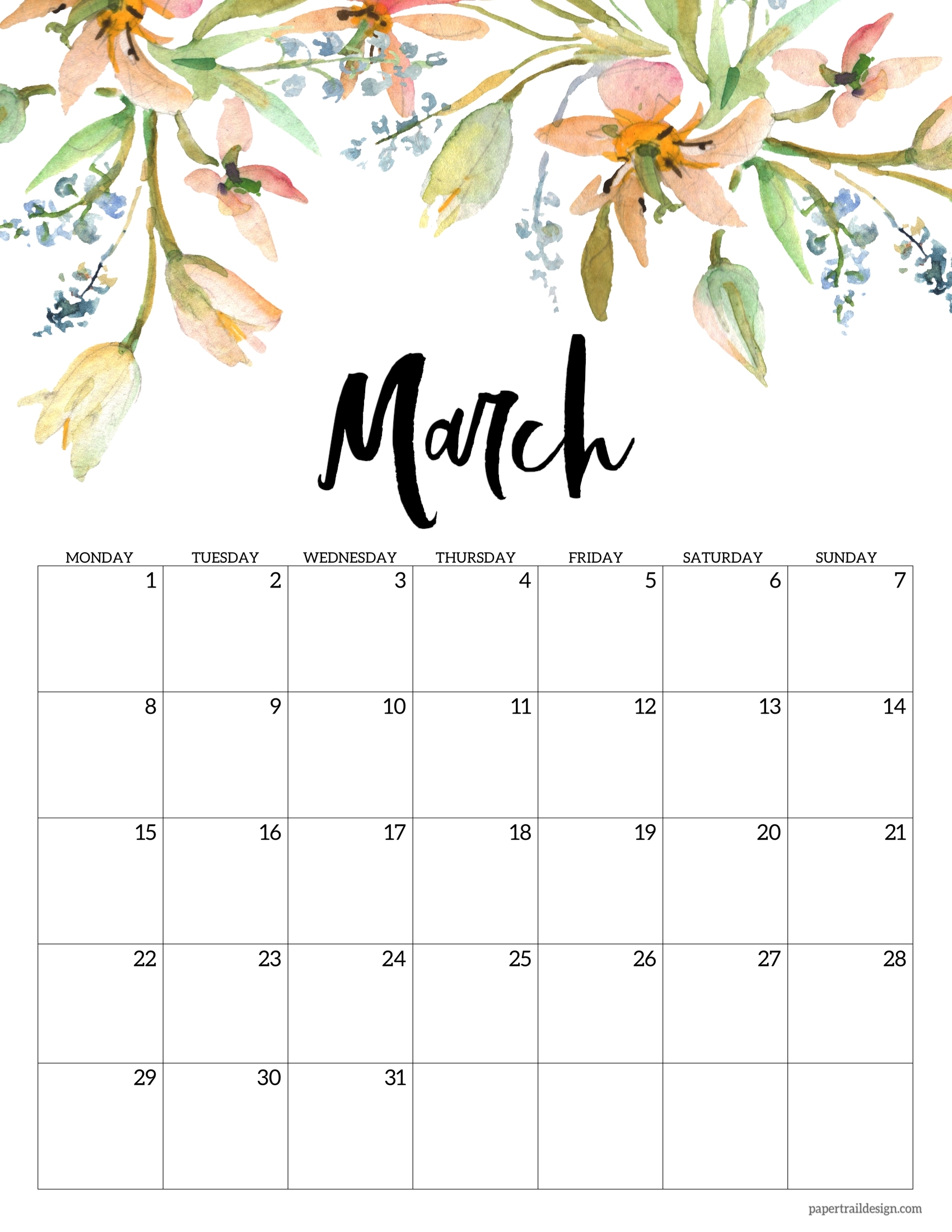 Free Printable 2021 Floral Calendar - Monday Start | Paper