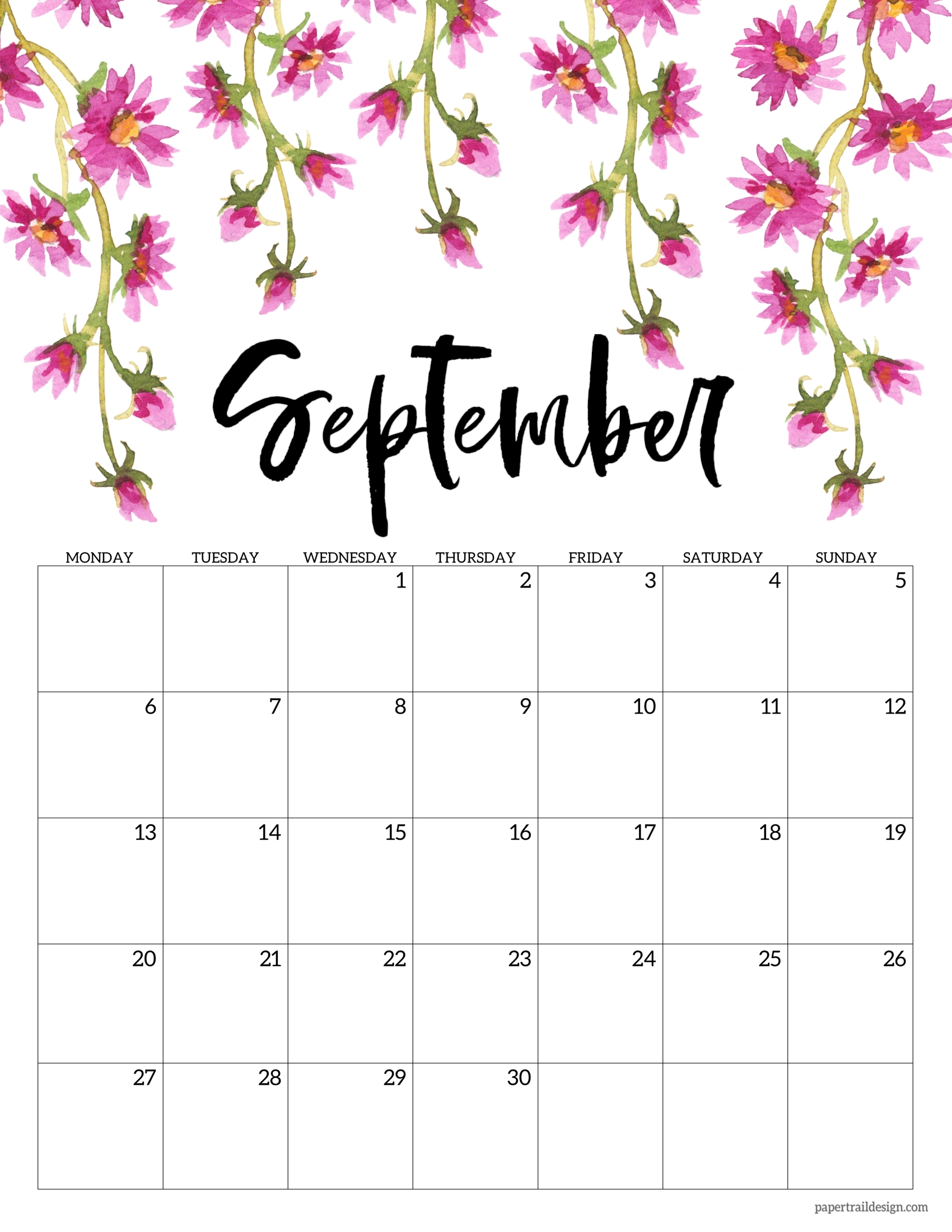 Free Printable 2021 Floral Calendar - Monday Start | Paper