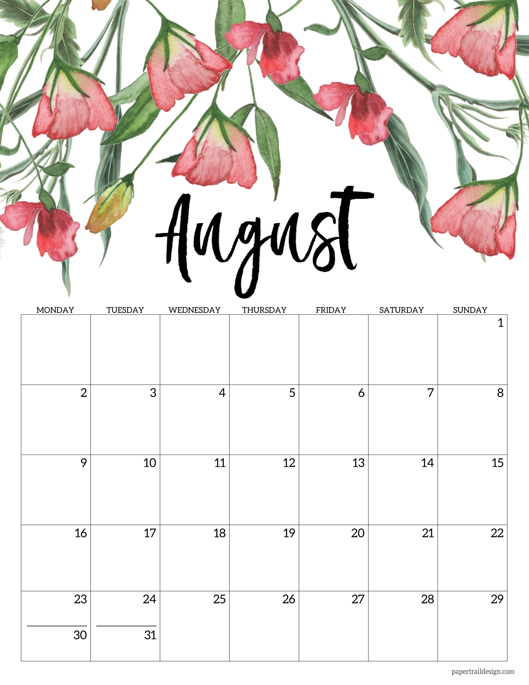 Free Printable 2021 Floral Calendar - Monday Start | Paper