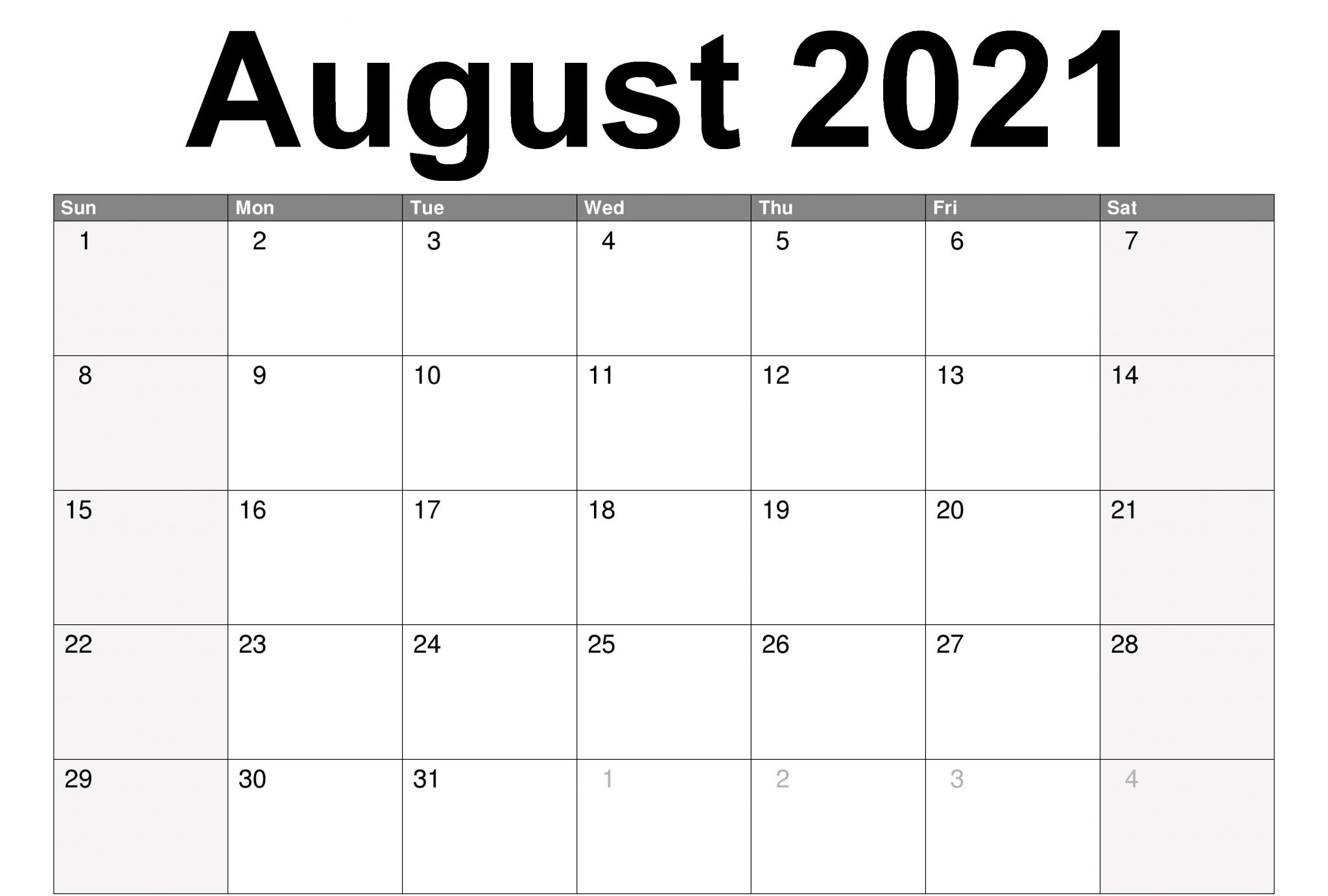 Free Printable August 2021 Calendar Template Pdf Page