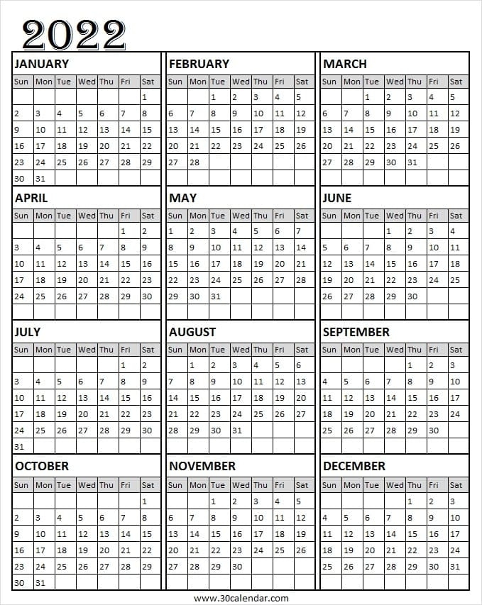 Free Printable Calendar 2022 Vertical | Free January