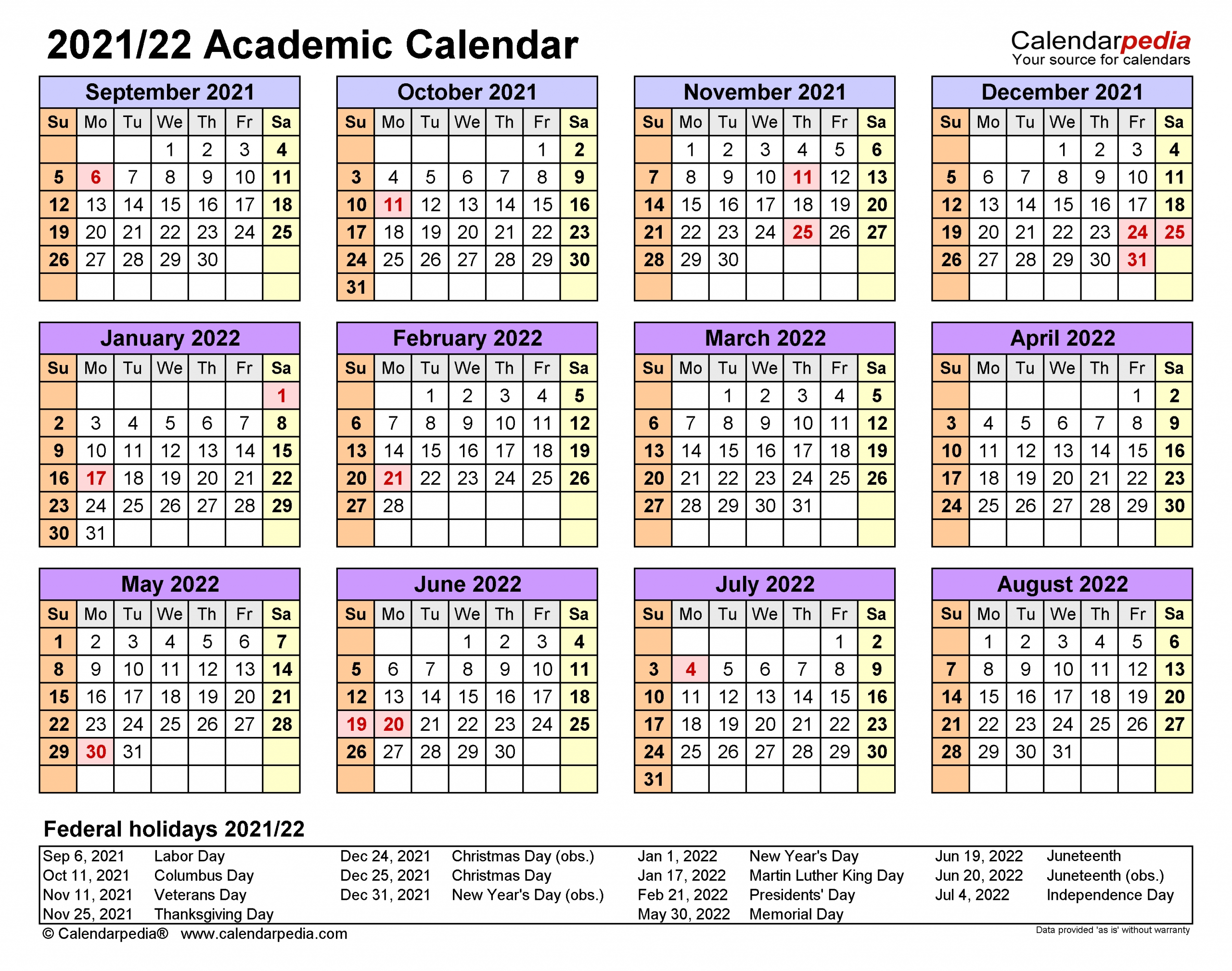 Free Printable Calendar School Year 2021 22 | Christmas