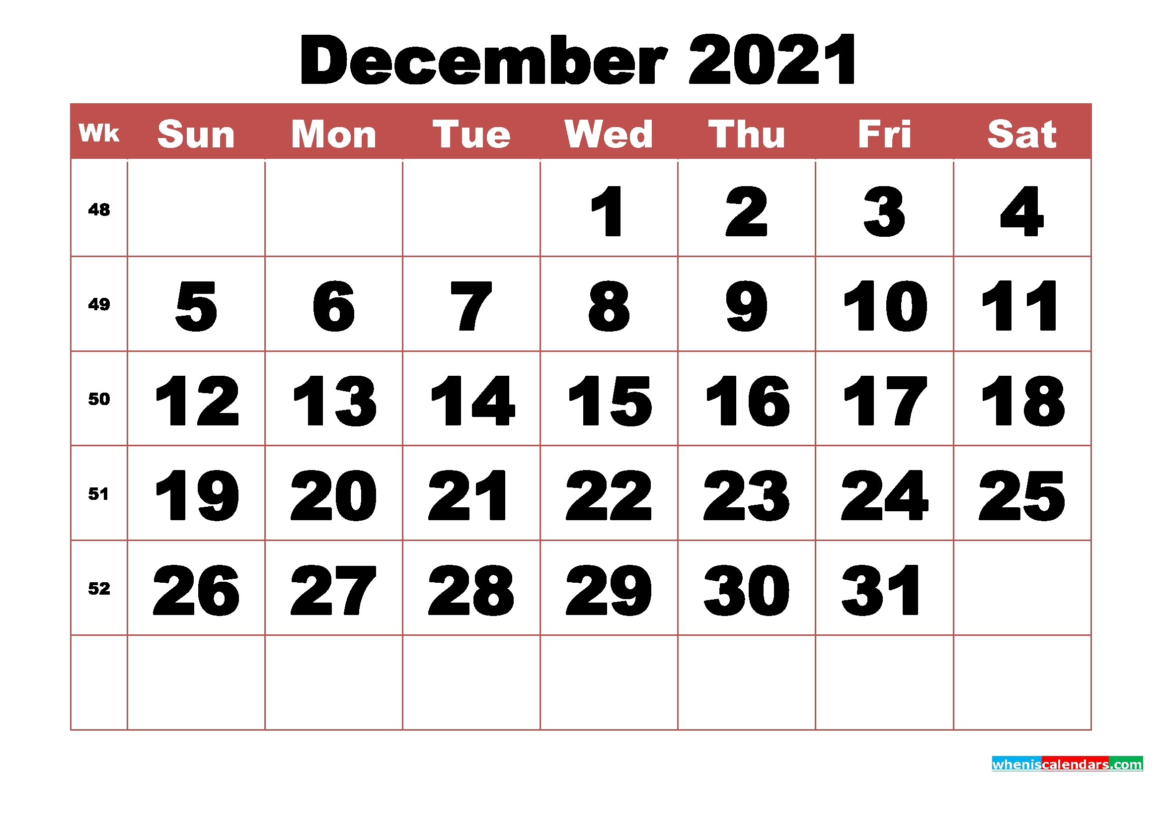 Free Printable December 2021 Calendar With Week Numbers