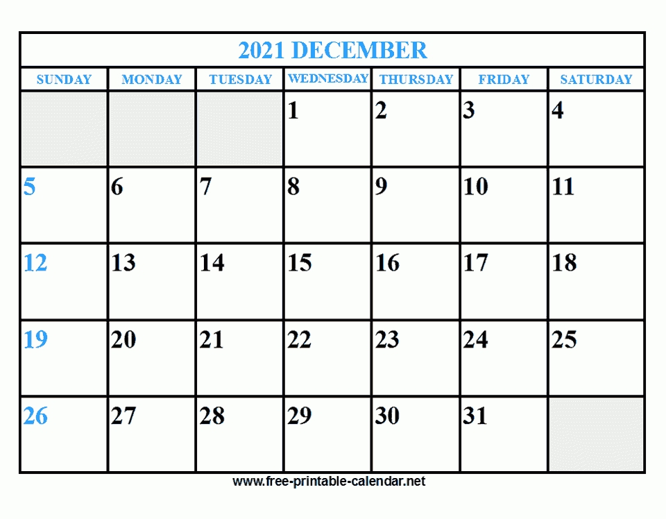 Free Printable December 2021 Calendar