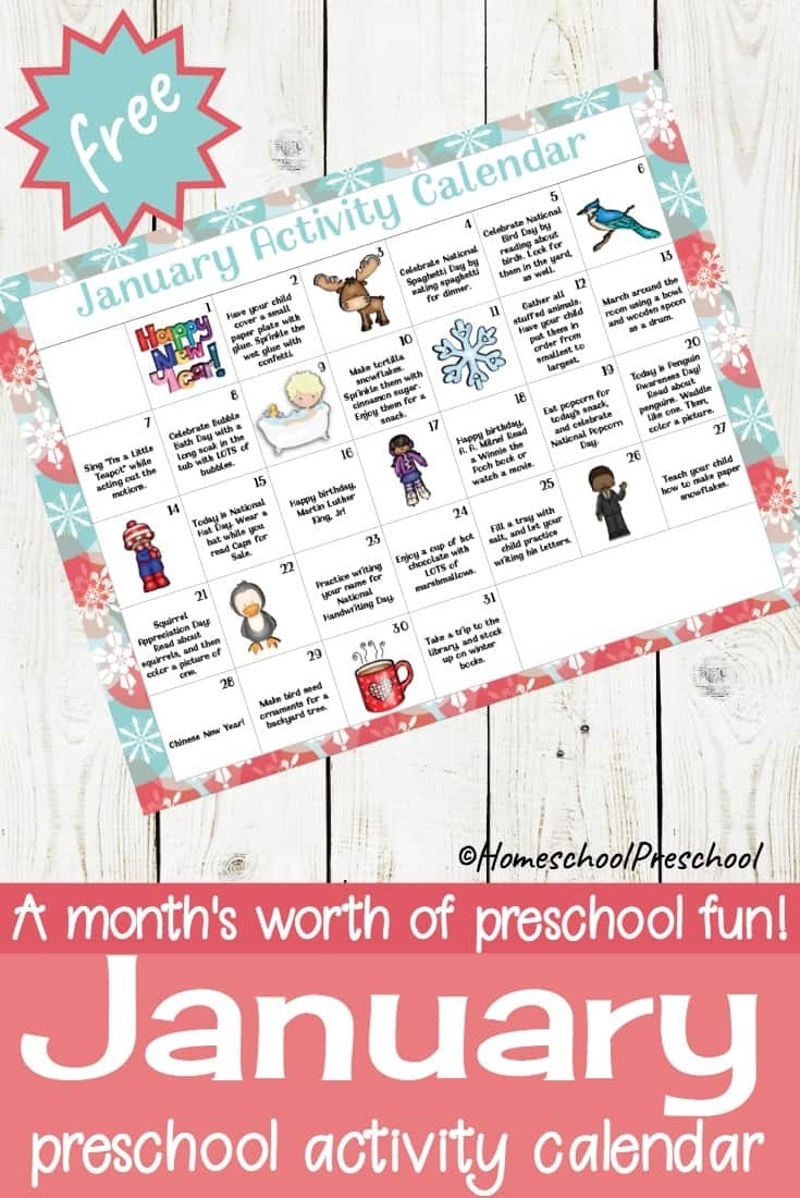 Free Printable January Preschool Activity Calendar - Money