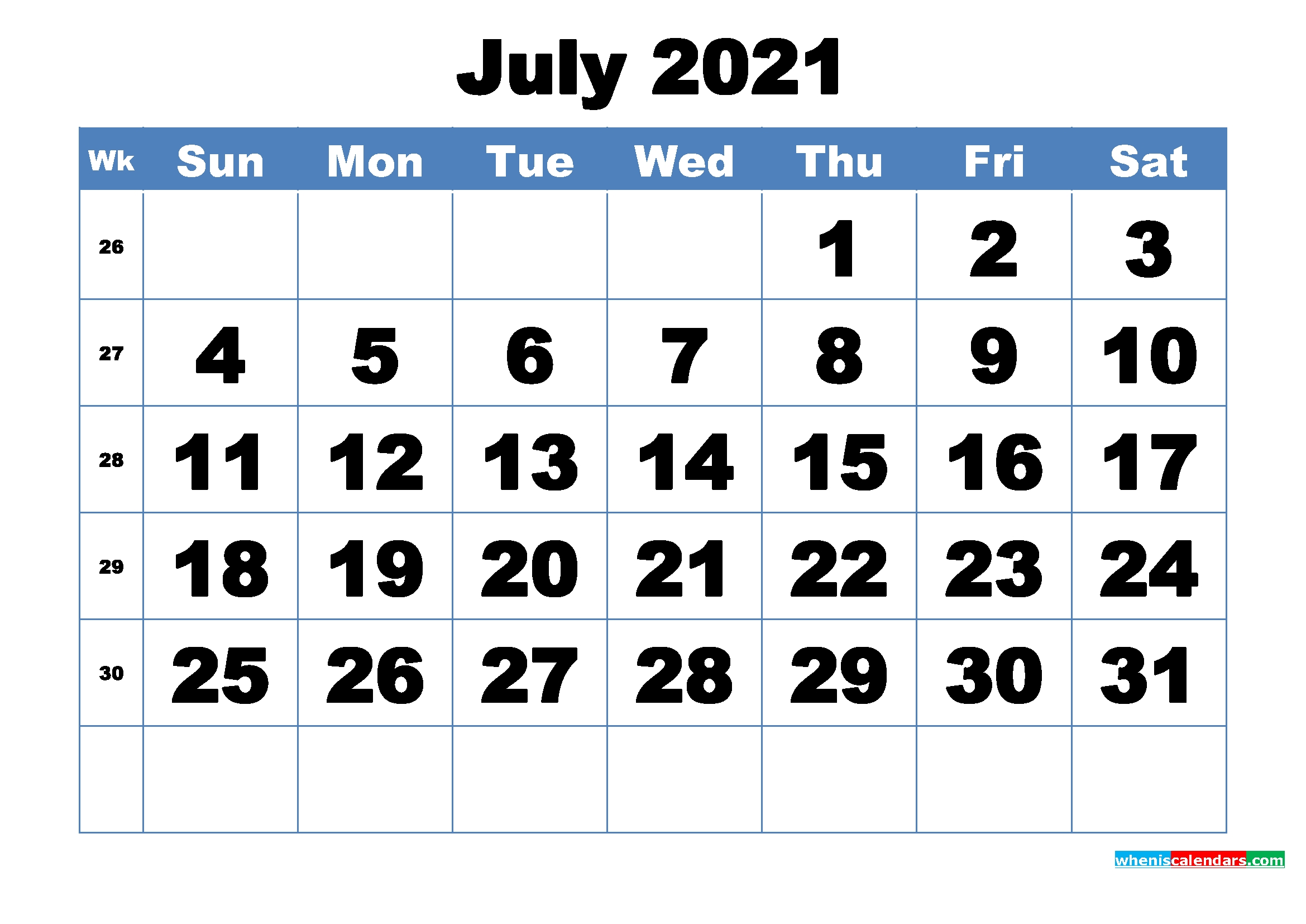 Free Printable July 2021 Calendar Template Word, Pdf
