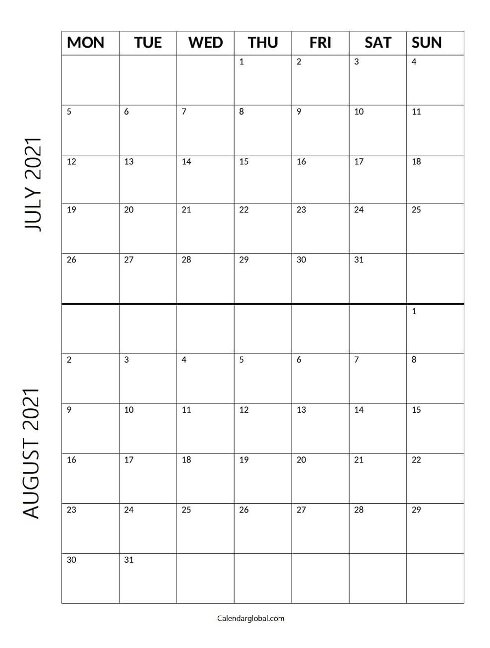Free Printable July August 2021 Calendar - Calendarglobal
