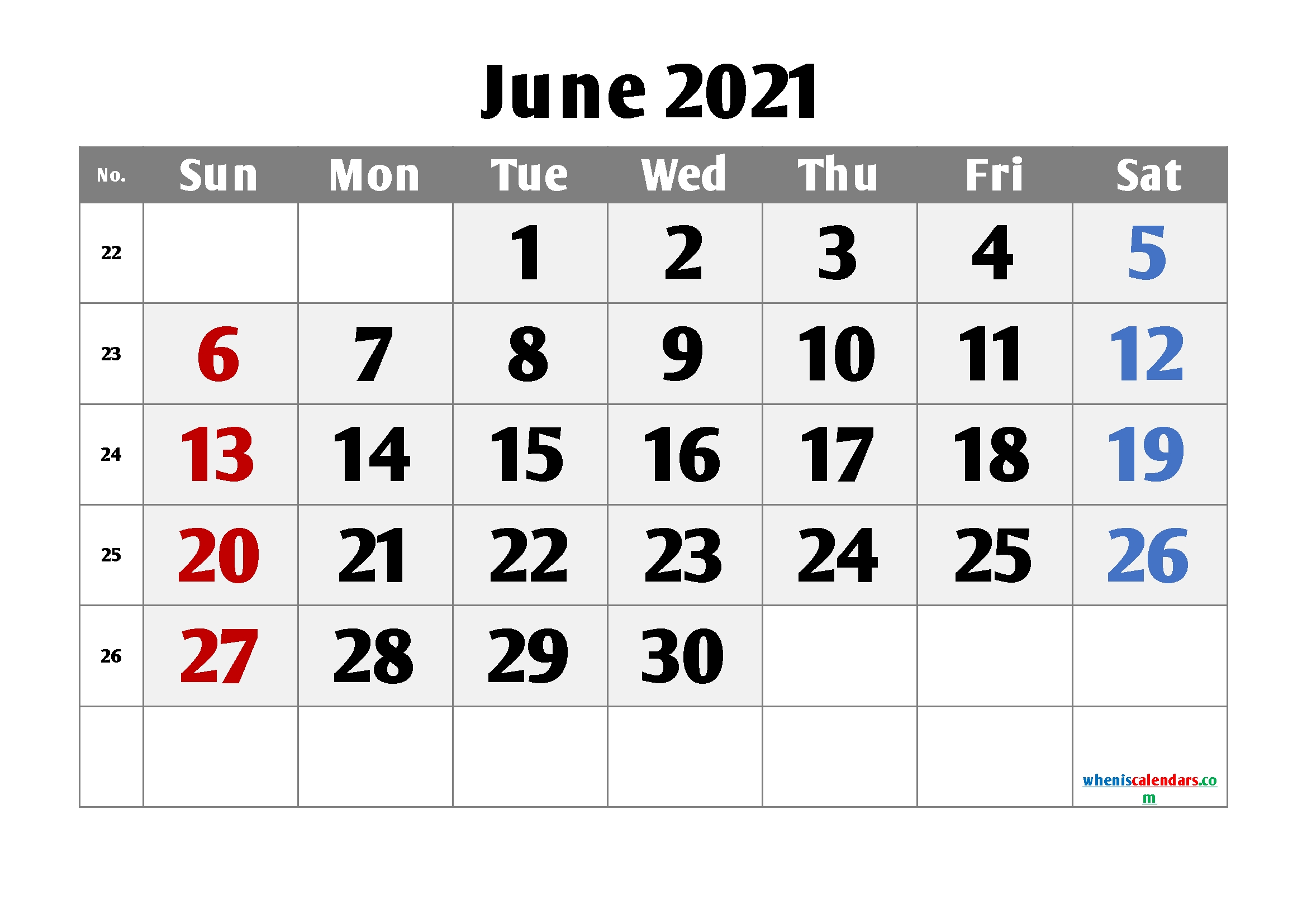 Free Printable June 2021 Calendar