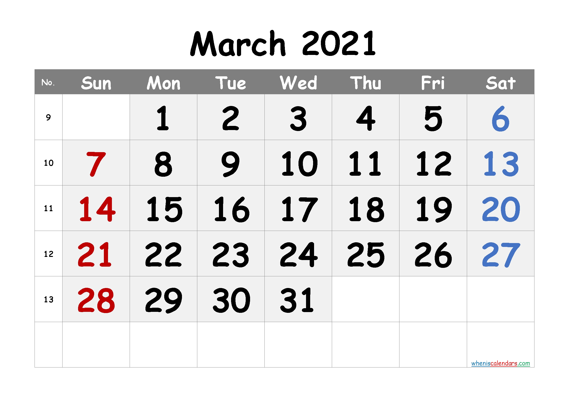 Free Printable March 2021 Calendar