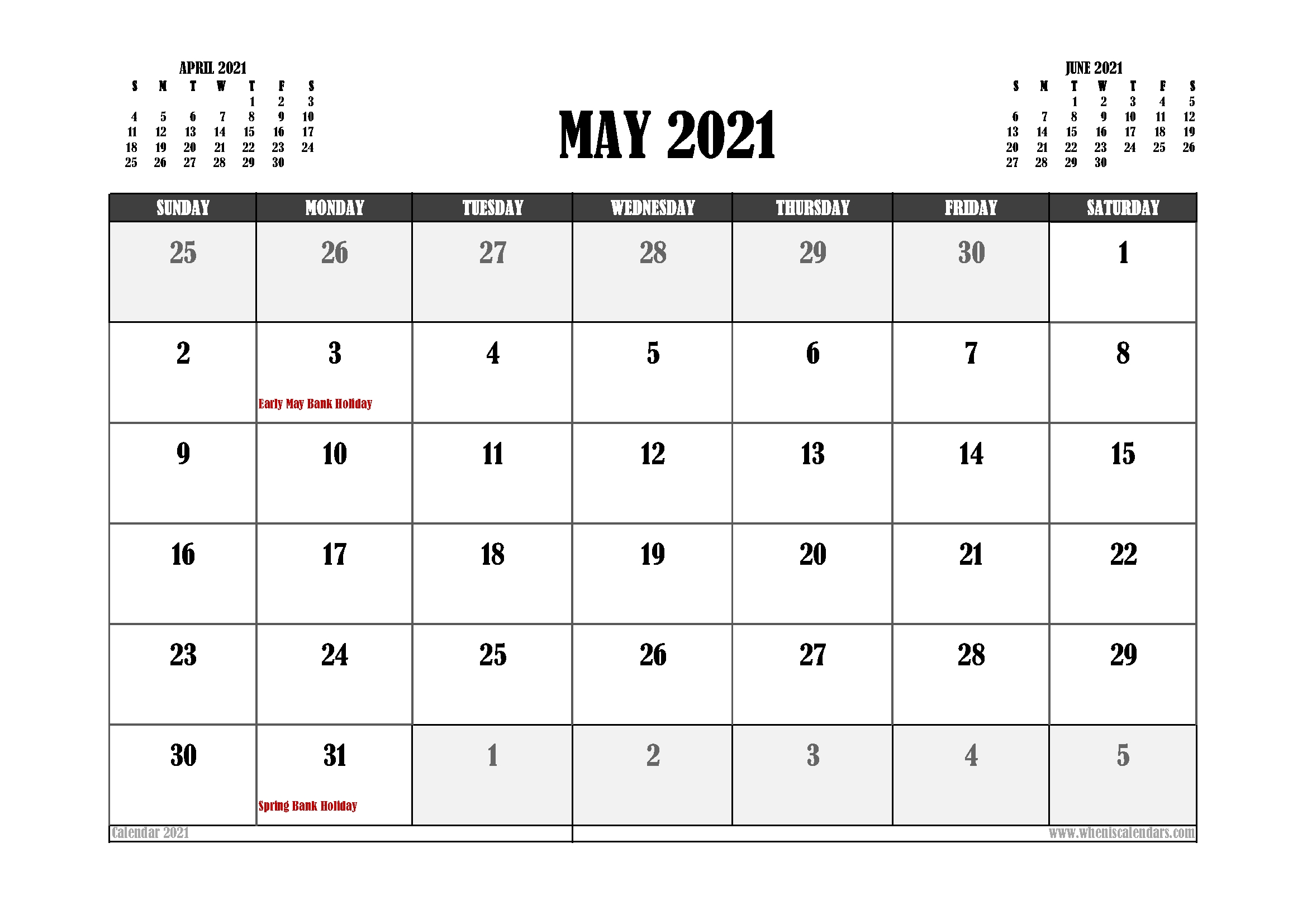 Free Printable May 2021 Calendar Uk