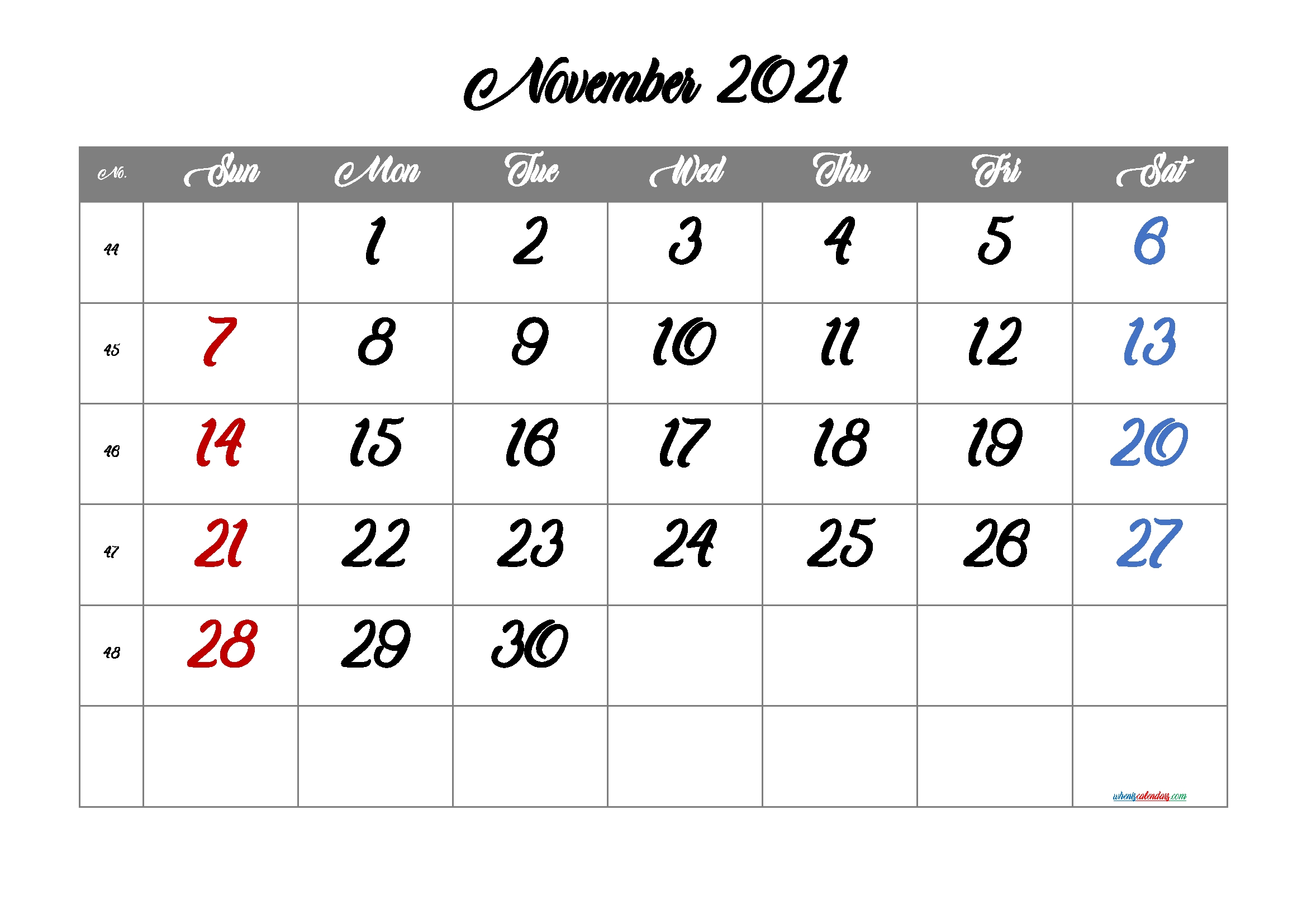 Free Printable November 2021 Calendar