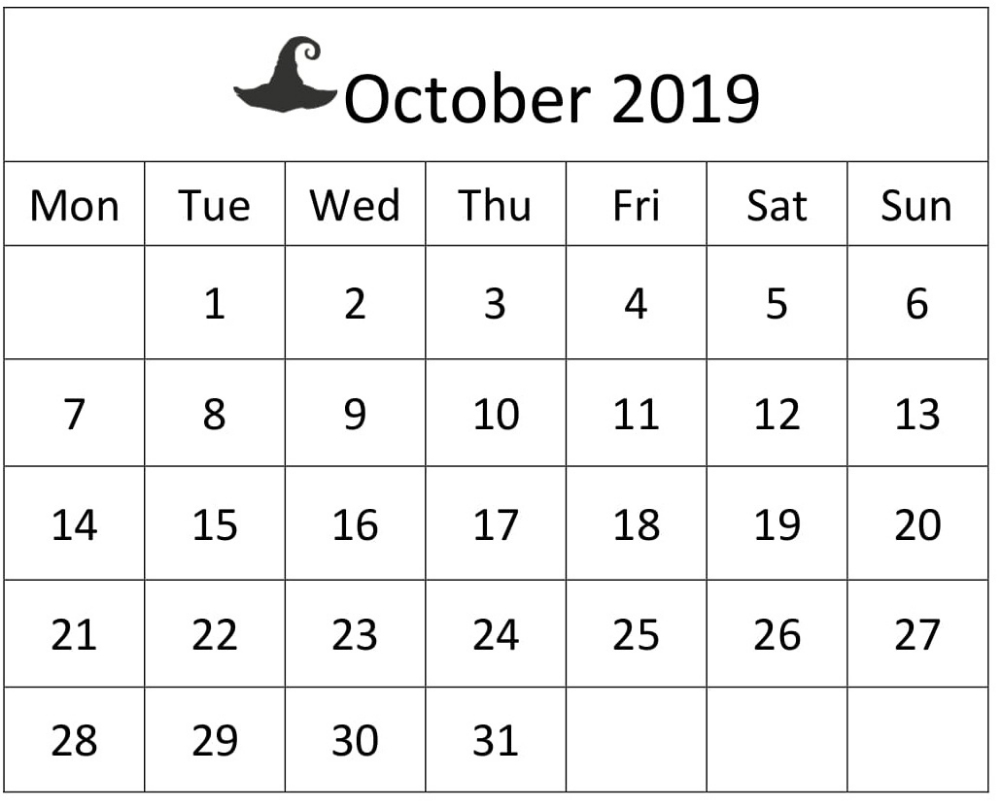 Free Printable October 2019 Calendar Large Print Sheet