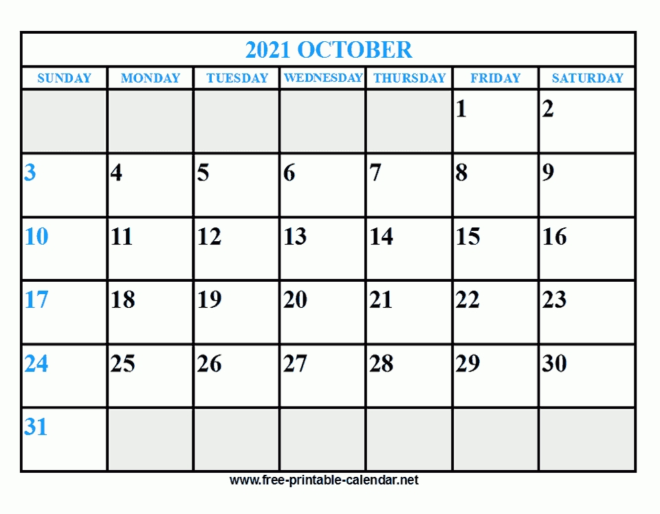 Free Printable October 2021 Calendar