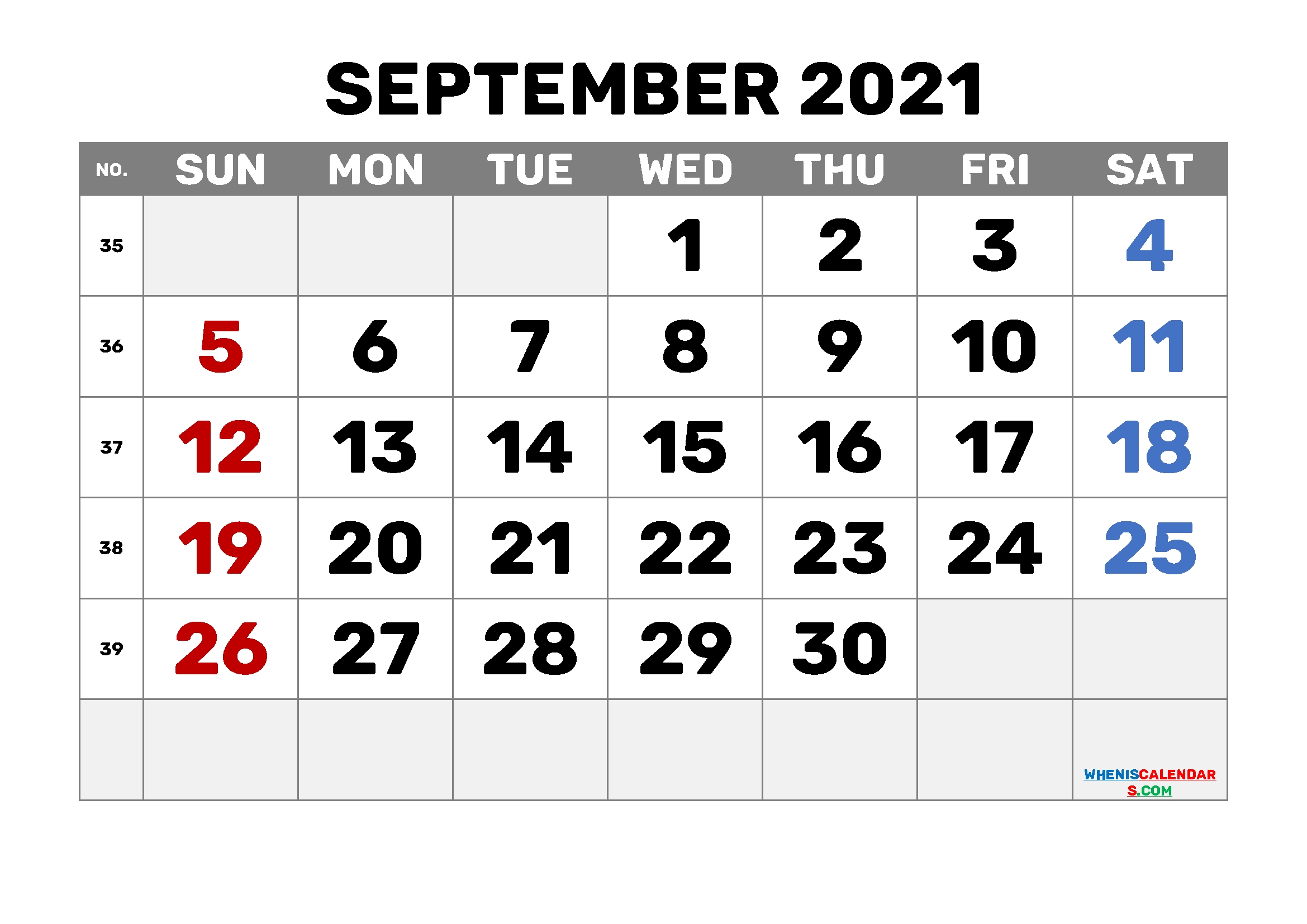 Free Printable September 2021 Calendar