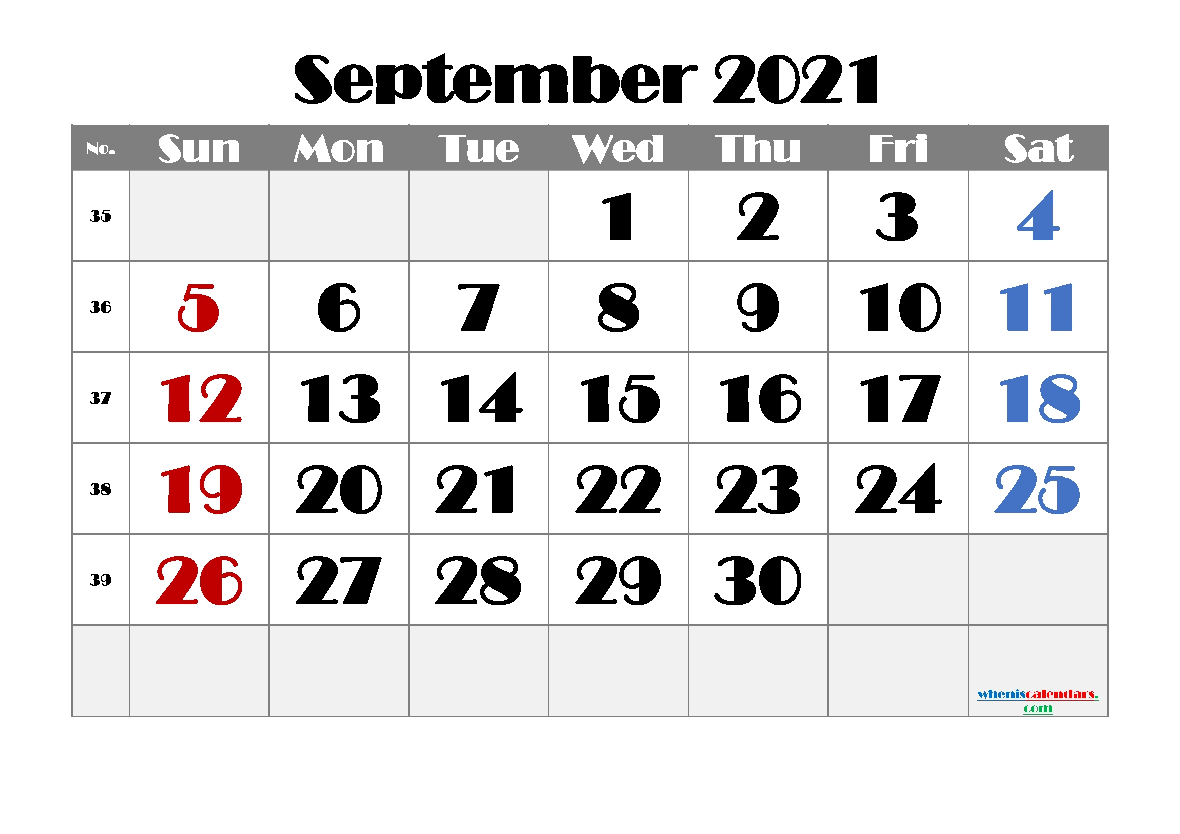 Free Printable September 2021 Calendar