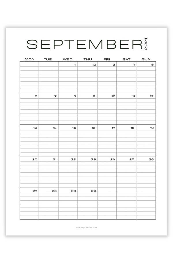 Free Printable September Calendar - 8 Different 2021