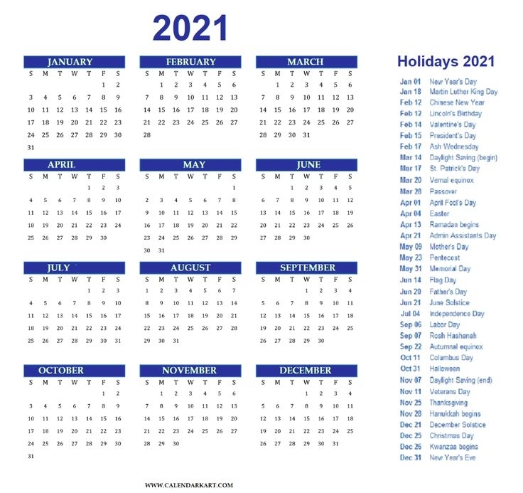 Free Printable Year At A Glance Calendar 2021