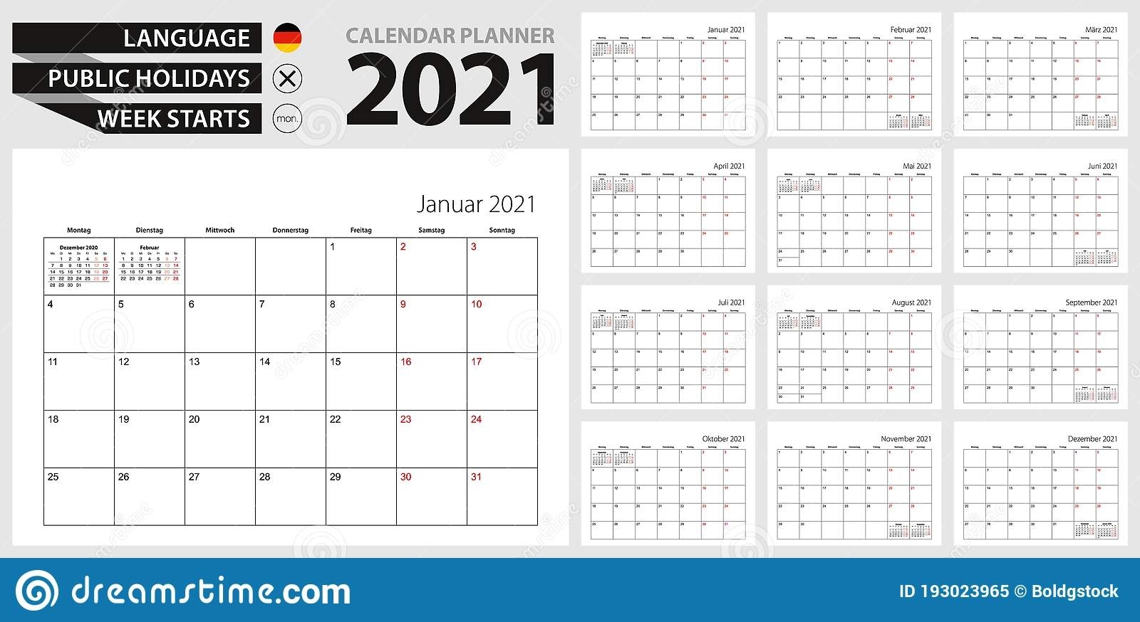 German Calendar Planner For 2021. German Language, Week