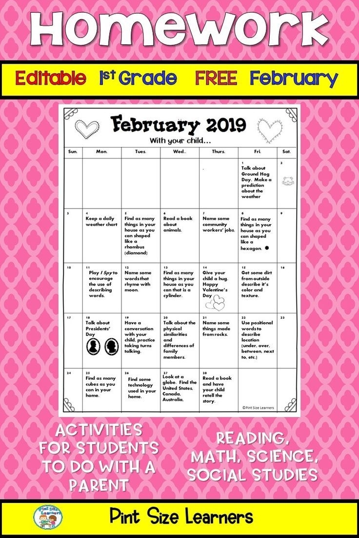 Get This Free Editable February Homework Calendar For Your