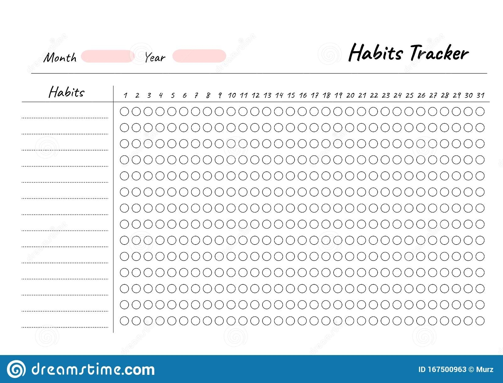 Habits Tracker Printable Template Vector. Blank White