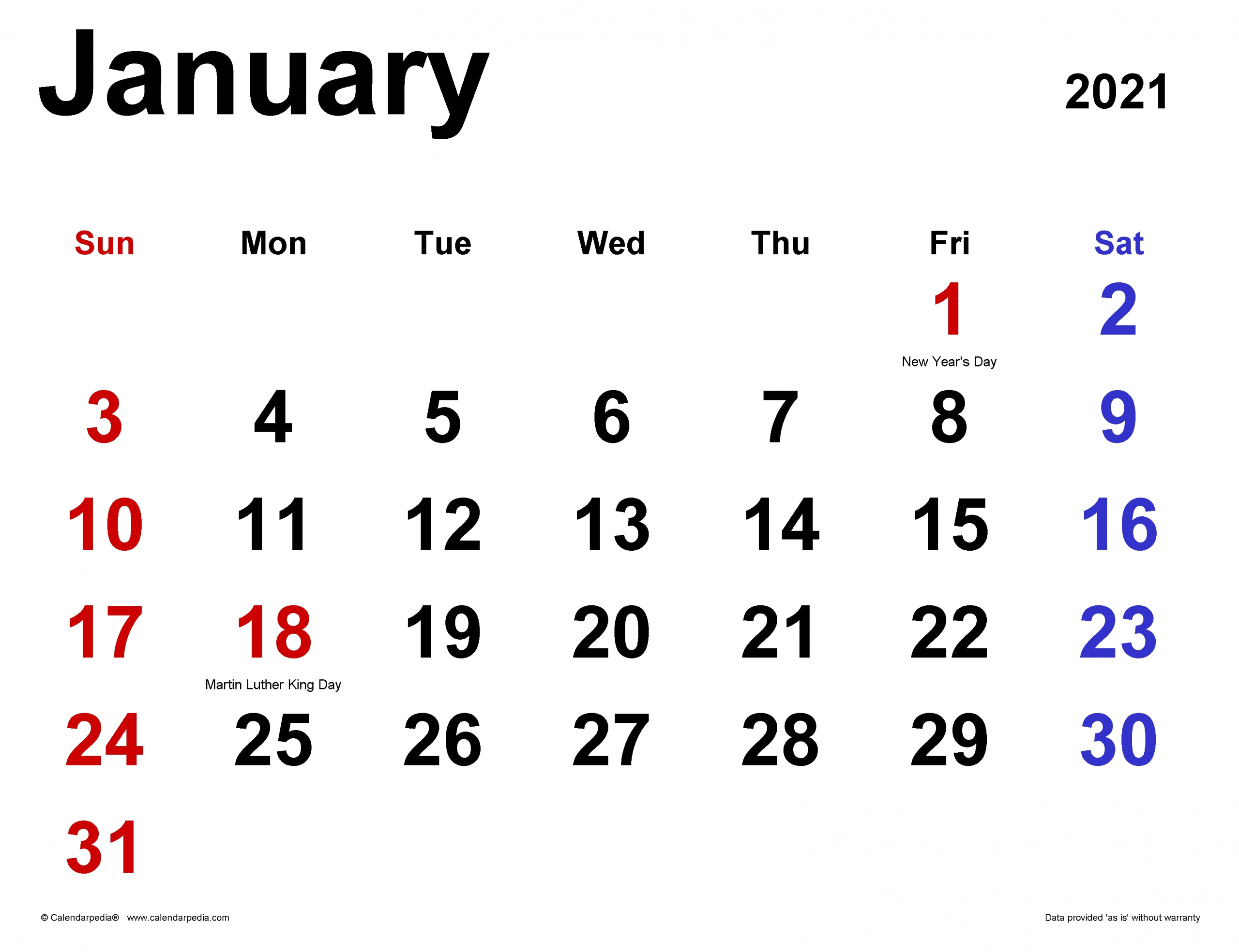 Jan 2021 Calendar Printable With Holidays