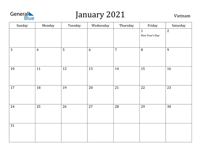 January 2021 Calendar - Vietnam